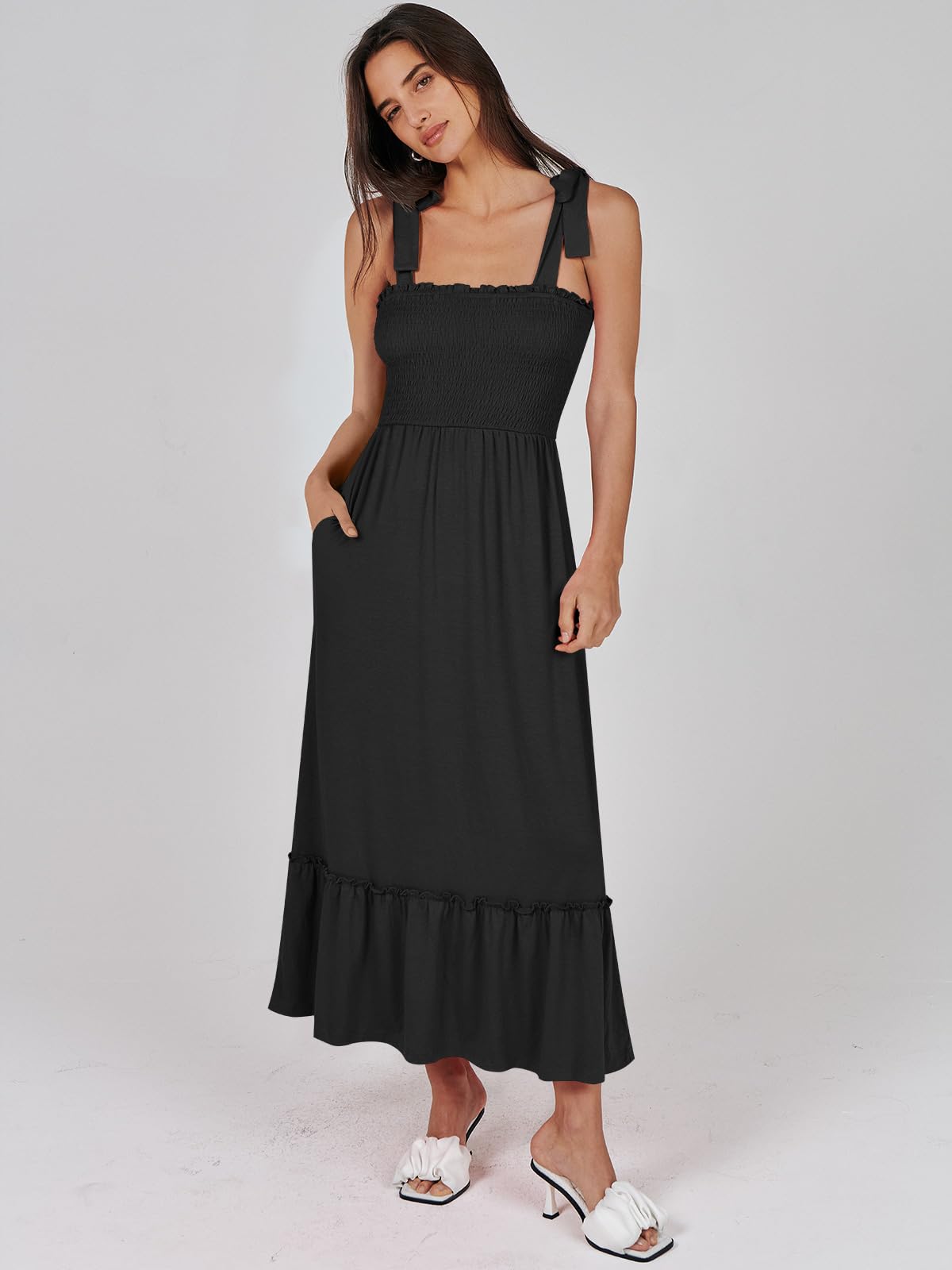 ANRABESS Women's Summer Casual Strap Smocked Maxi Dress - Flowy Tiered A-Line Sundress for Beach, Travel, Wedding Guest & Outdoor Occasions
