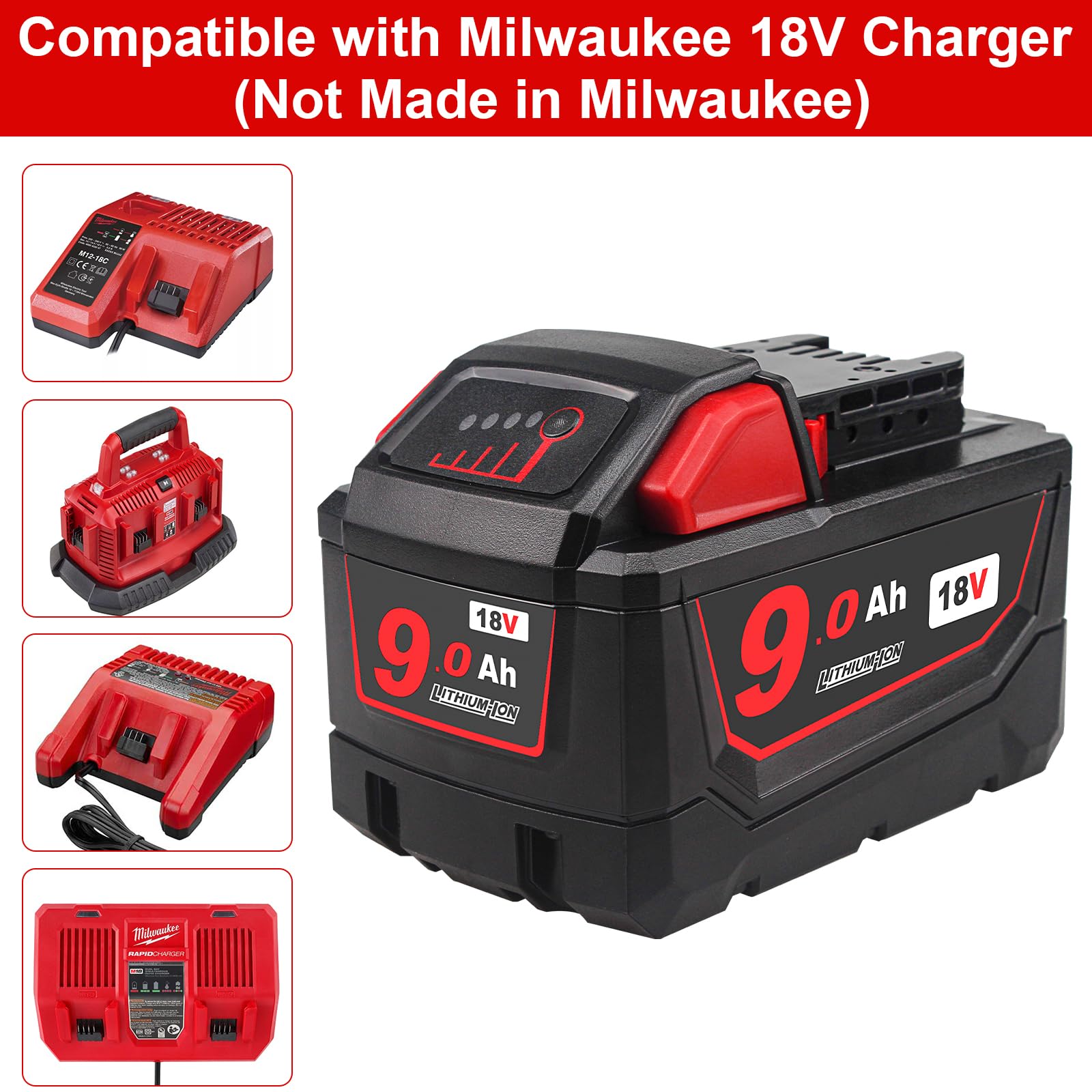 18V 9.0Ah High Capacity Replacement Battery for Milwaukee 48-11-1820 48-11-1850 48-11-1862 48-11-1828 48-11-1865 48-11-1840 - Compatible with Milwaukee M18 Cordless Power Tools - Perfect for Drills, Saws, Flashlights & More DIY/Construction Projects