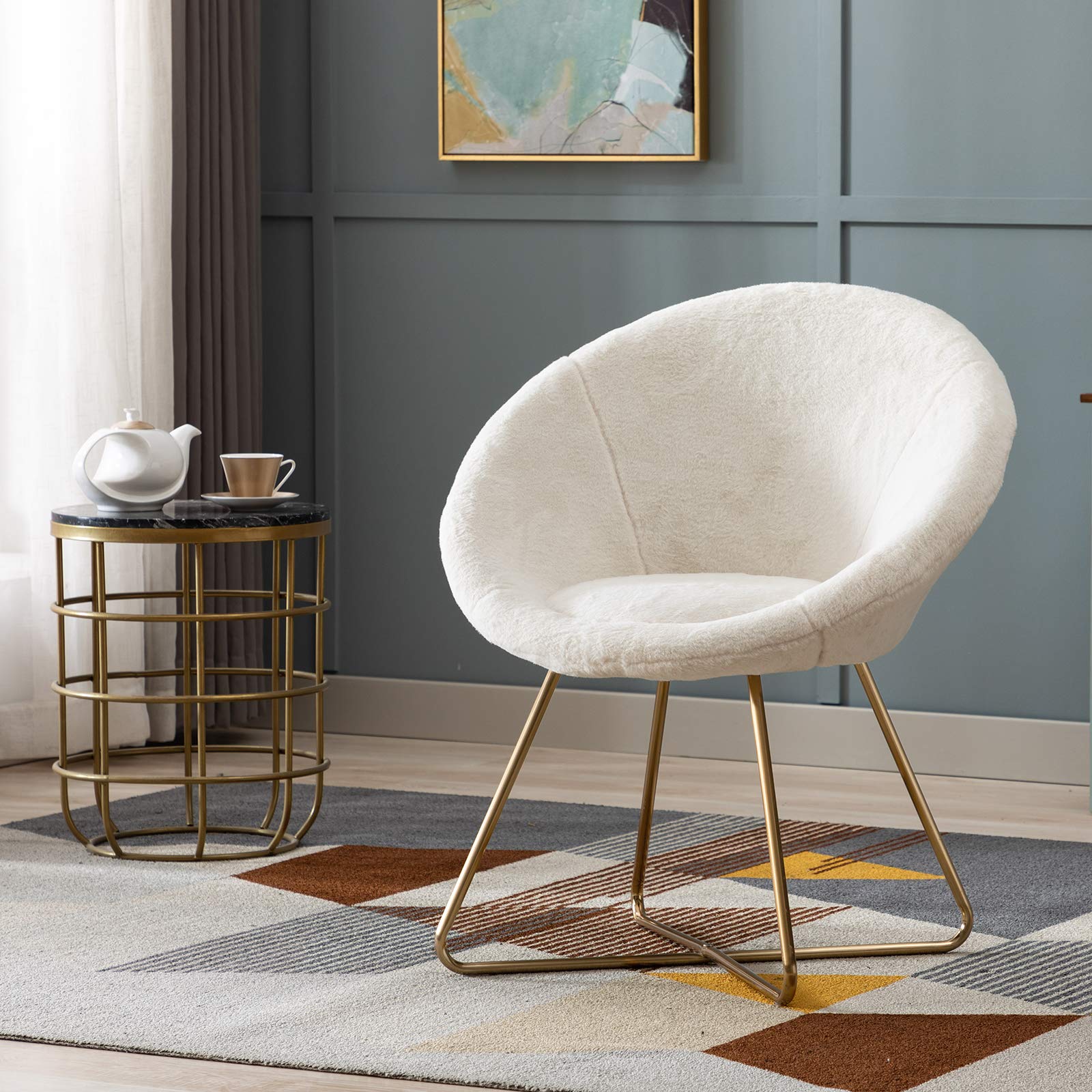 DUHOME Modern Faux Fur Accent Chair - Mid-Century Style Dining & Lounge Chair with Golden Metal Legs - White Living Room Furniture for Home Decor | Perfect for Reading Nook, Bedroom Seating & Cozy Conversation Areas