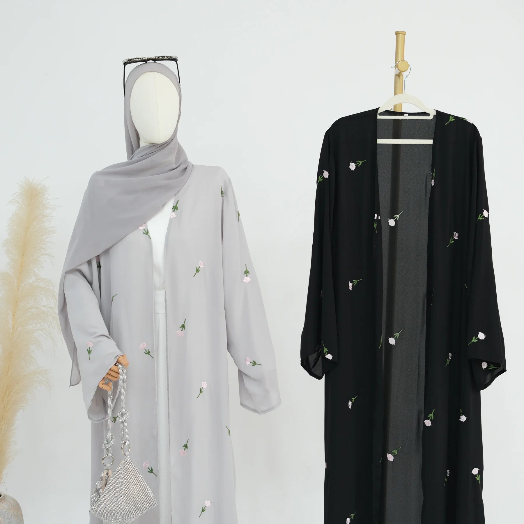 Elegant Black Embroidery Kimono Cardigan Abaya - Stylish Muslim Women's Cover-Up for Prayer, Home & Special Occasions