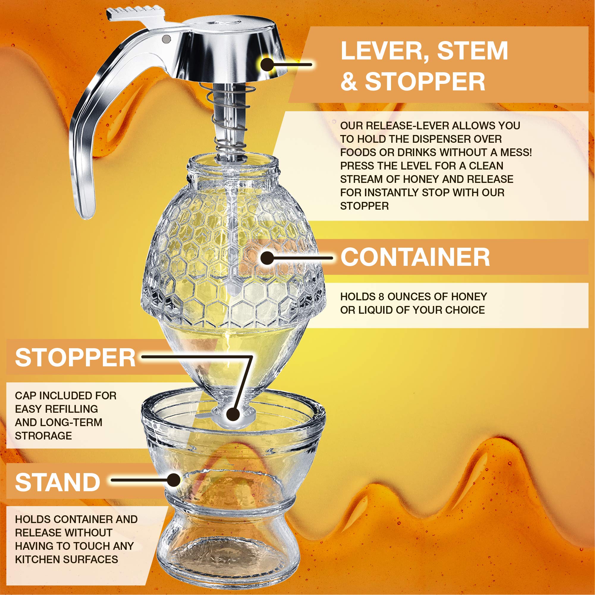 Premium No Drip Glass Honey Dispenser with Stand - 8oz Clear Honey Jar with Dipper & Flip Top Lid - Perfect for Maple Syrup, Tea, Coffee & Breakfast Table - Leakproof Honey Pot for Kitchen & Dining Room
