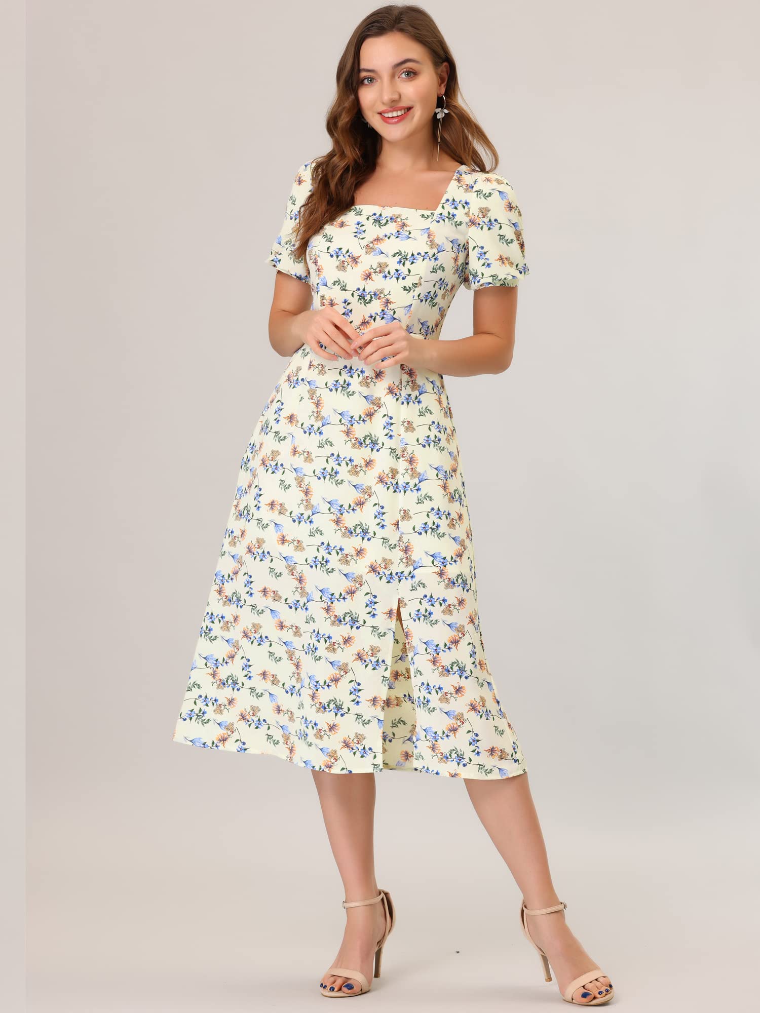 Allegra K Women's Floral Summer Dress - Square Neck, Puff Sleeve, Midi Length with Side Slit | Perfect for Beach Vacations, Garden Parties & Date Nights