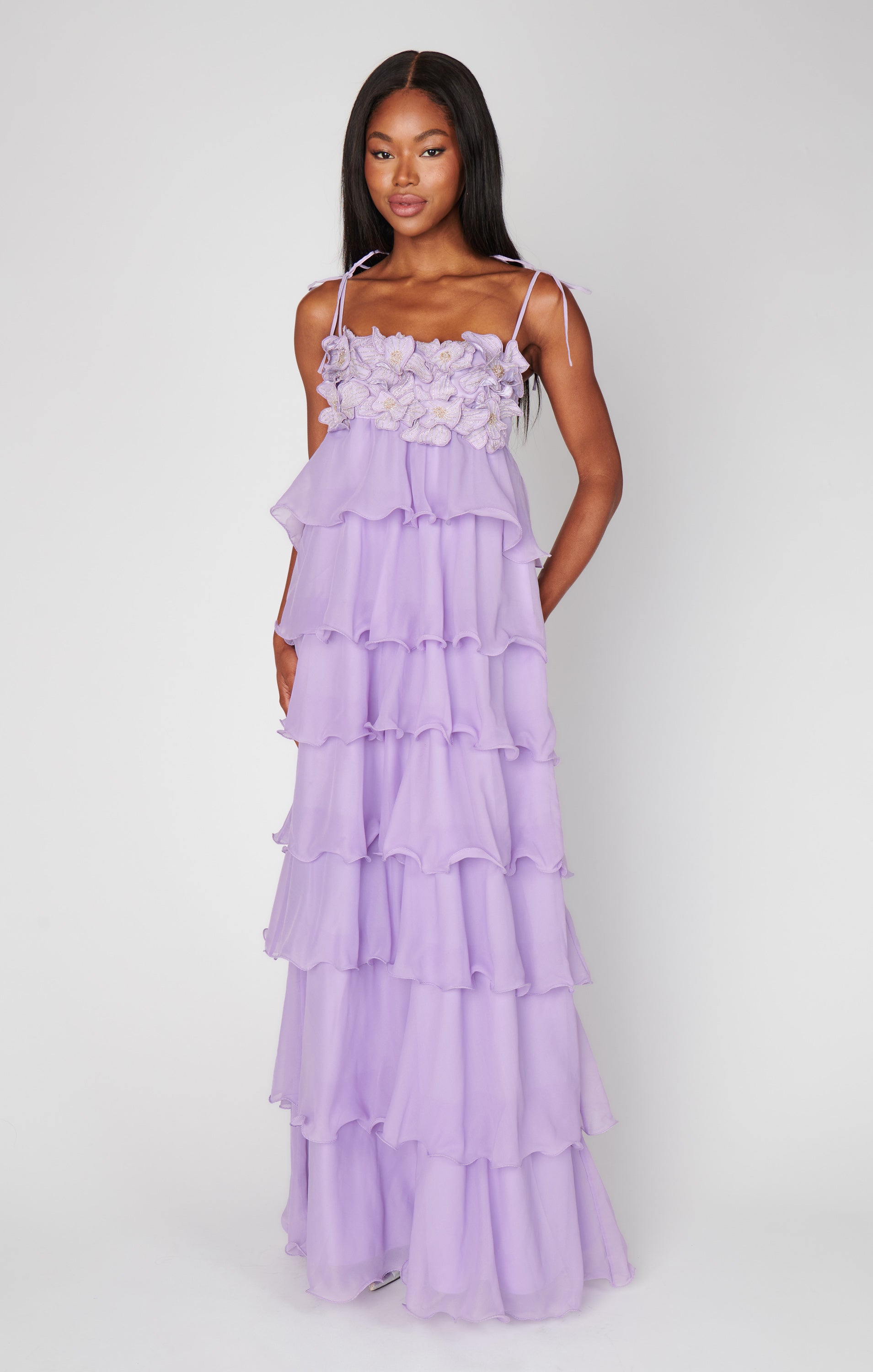 Gabriella Maxi Dress - Elegant Lilac Floral Embellished Long Dress for Women | Perfect for Weddings, Parties & Special Occasions