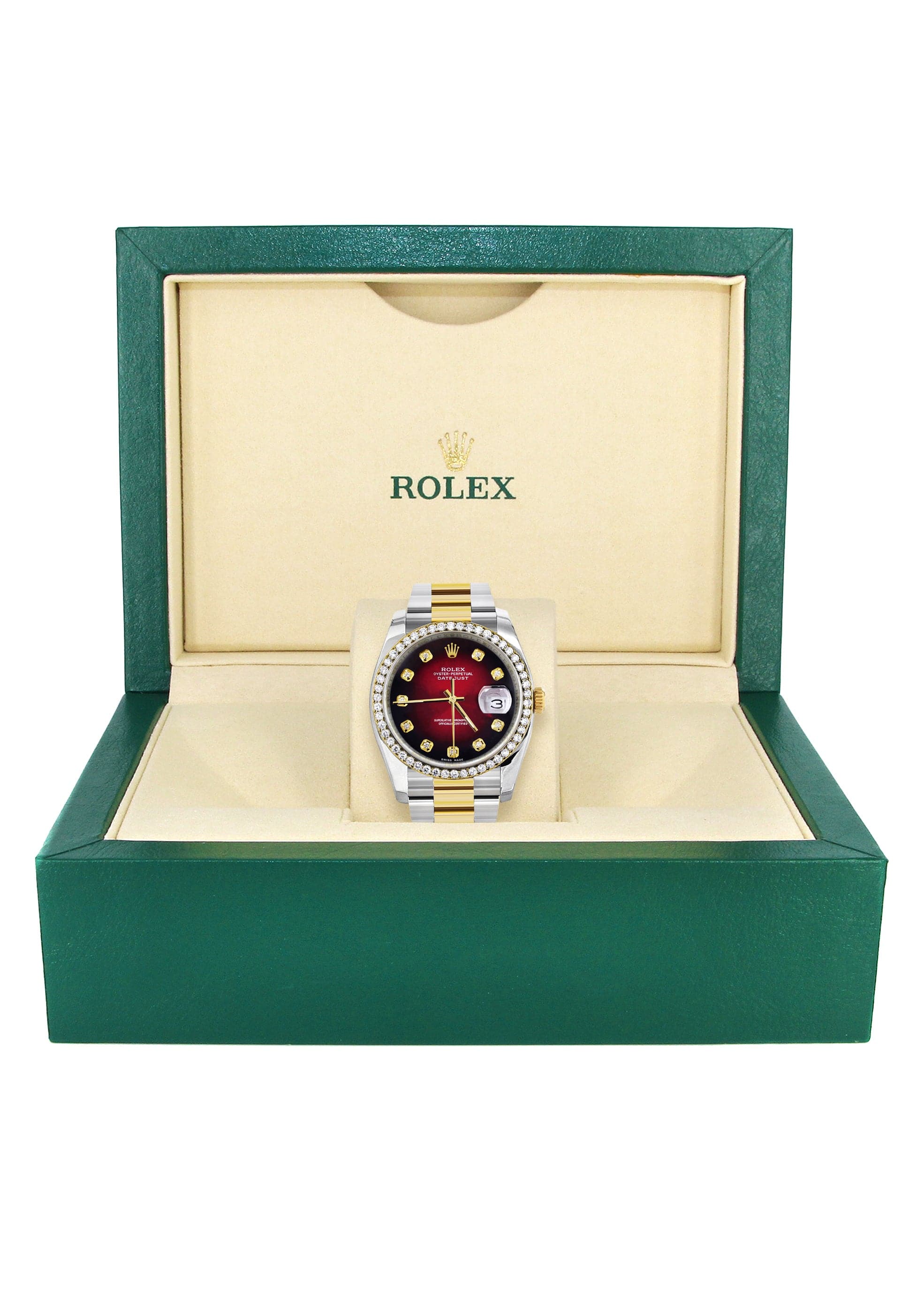 Luxury Rolex Datejust 36mm Men's Watch - 18K Gold & Diamond Bezel, Red & Black Dial, Oyster Bracelet | Perfect for Business Meetings, Formal Events & Luxury Gift Giving