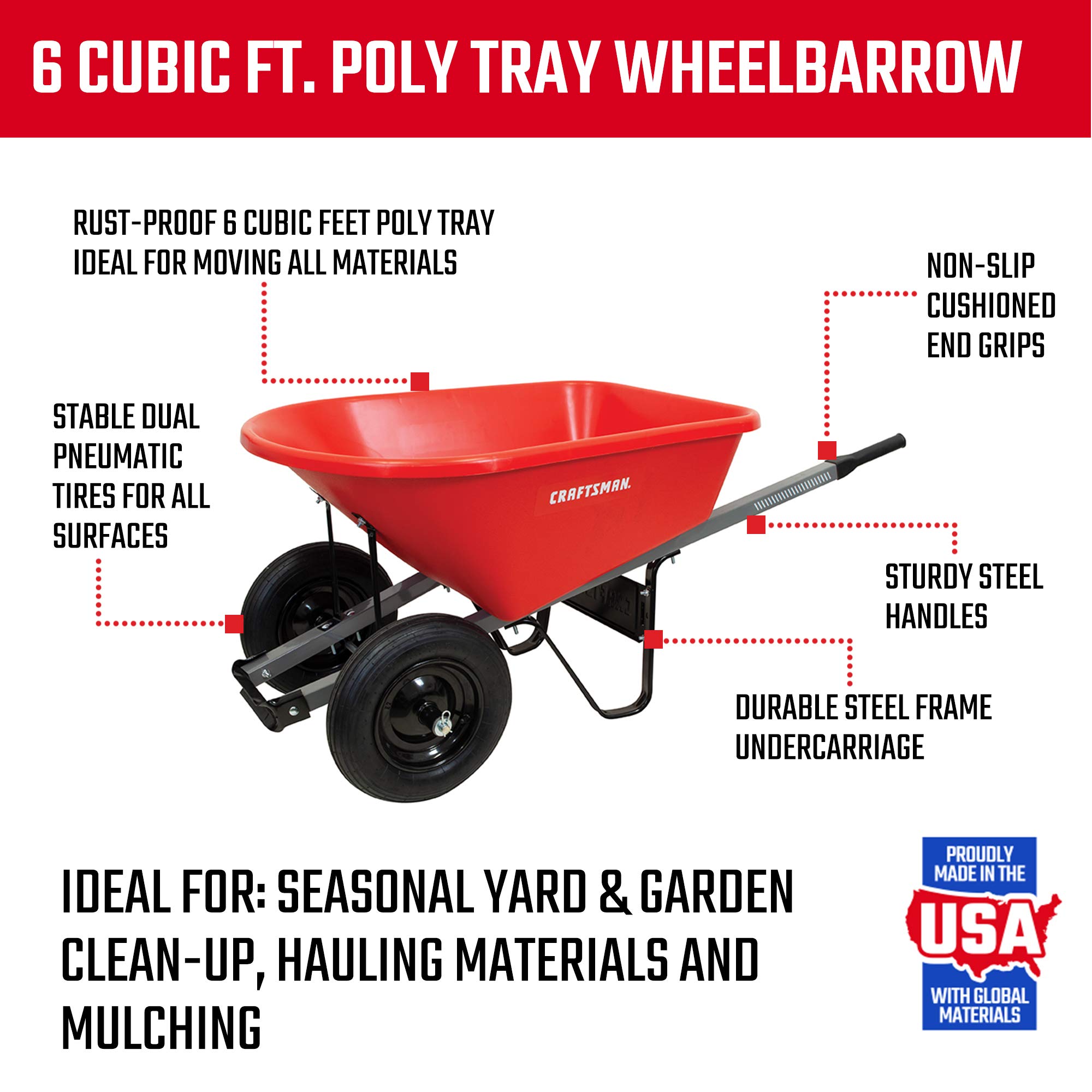 CRAFTSMAN CMXMKIT0190 3-Piece Leaf Clean-Up Set - Wavy Blade Hedge Shears, 22-Tine Wood Handle Lawn Rake & 6 Cu. Ft. Poly Tray Wheelbarrow (Red) - Perfect for Yard Work, Gardening, and Fall Leaf Cleanup