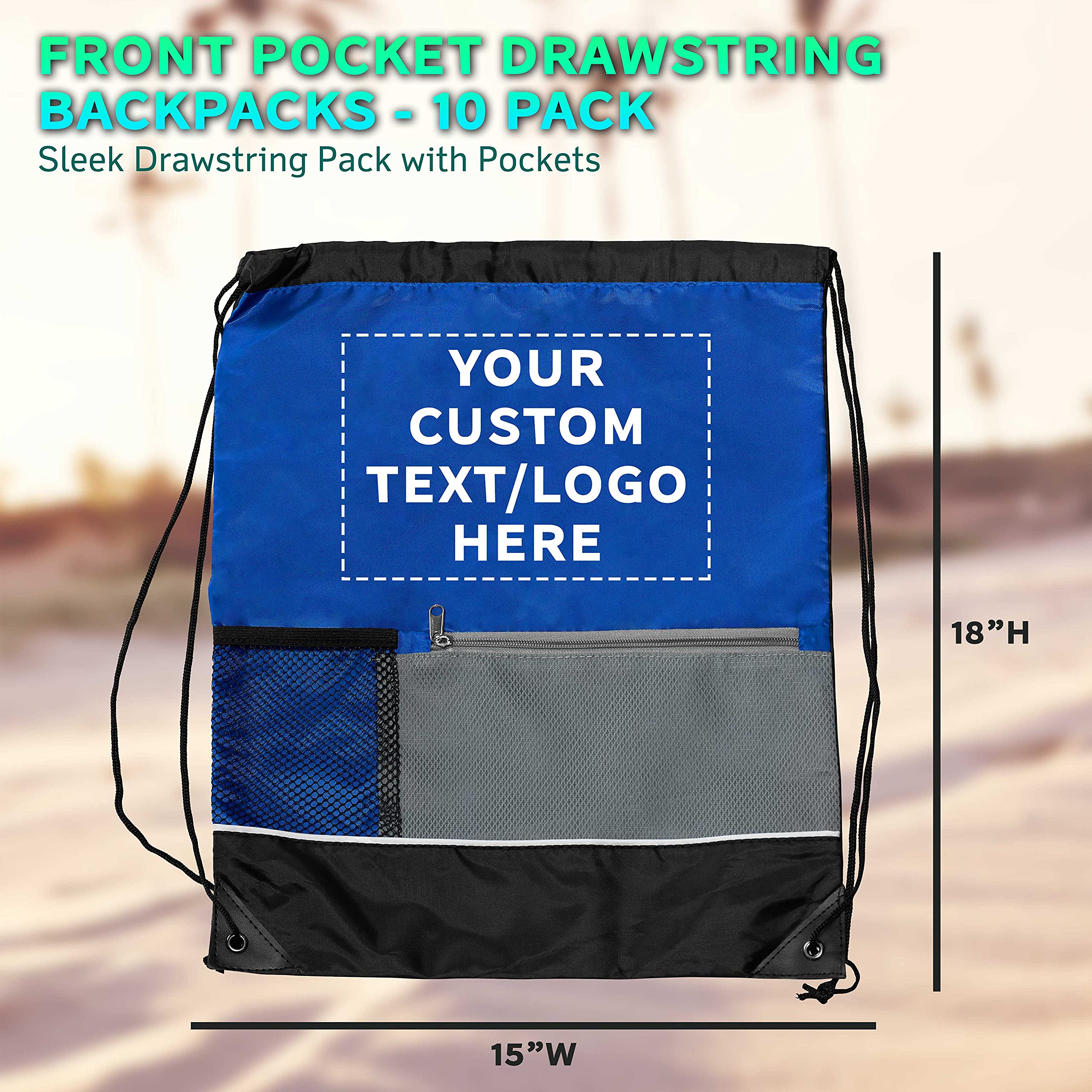Custom Front Pocket Drawstring Backpacks - Bulk Set of 10 Personalized Reusable Bags | Lightweight Sports & Promotional Backpacks in Blue | Perfect for School, Gym, Travel & Events