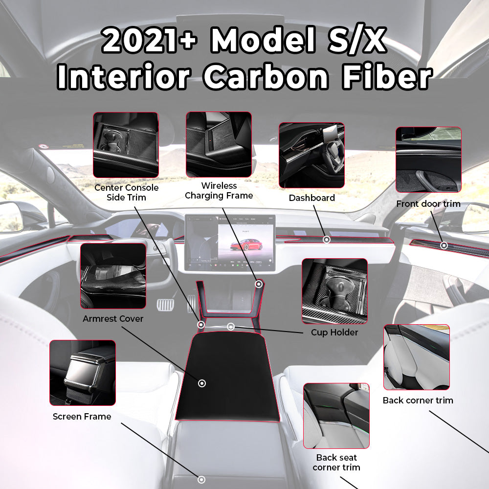 YESLAK Premium Carbon Fiber Interior Bundle for 2021+ Tesla Model S & Model X (Refreshed) - Dashboard, Door Panel & Center Console Trim - Enhance Luxury & Sporty Look for Your EV