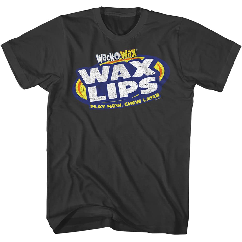 Vintage Wax Lips Play Now Chew Later Graphic T-Shirt for Adults - Cool Retro Logo Short Sleeve Tee - Perfect for Halloween, Cosplay & 80s Theme Parties