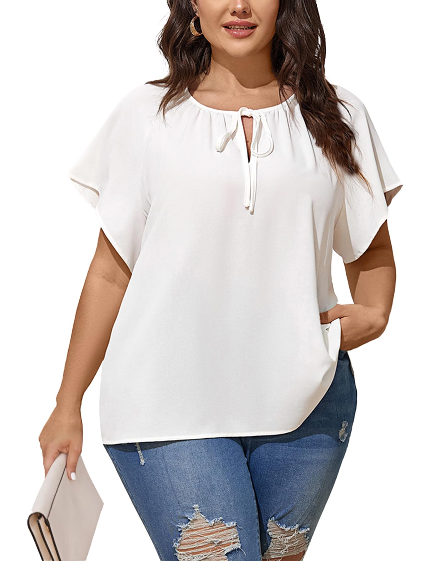 Plus Size V Neck Short Sleeve Blouses for Women - Loose Casual Summer Tops with Drawstring | Flowy Shirts for Work, Beach & Everyday Wear