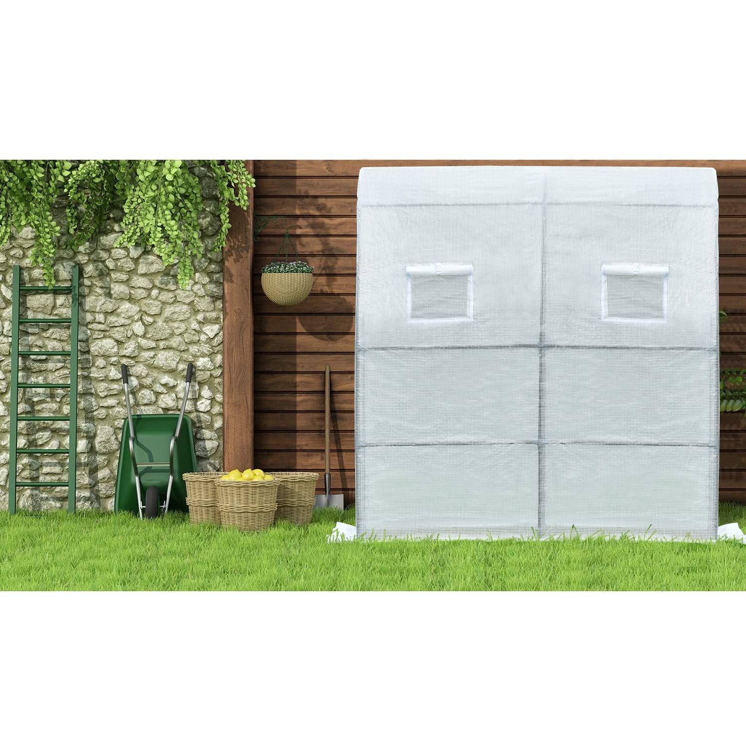 Aoodor 6.7ft x 3.3ft x 7.2ft Walk-in Lean-to Wall Greenhouse - UV Protected & Water Resistant White Polycarbonate Panel with 2 Zipper Doors for Backyard, Patio & Urban Gardening