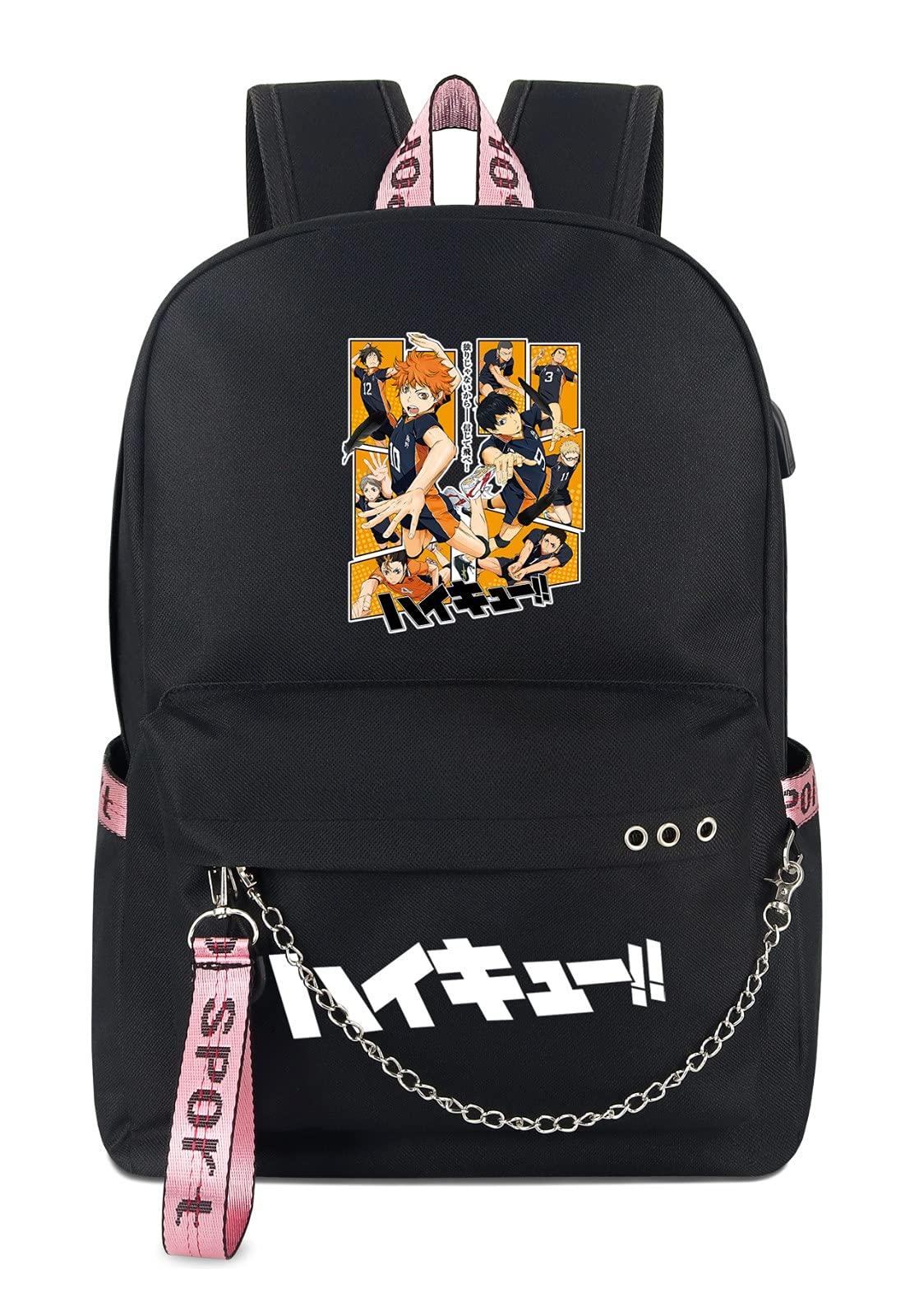 Roffatide Anime Haikyuu 15 Inch Laptop Backpack - Stylish Black Printed School Bag for Boys & Girls with USB Charging Port & Headphone Jack - Perfect for School, Travel & Daily Use