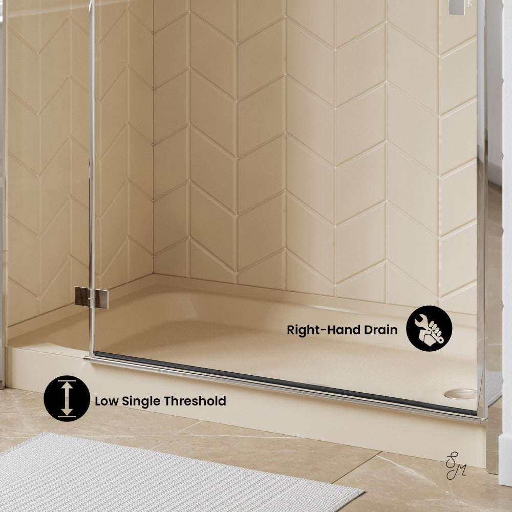 Voltaire 60 x 36 Inch Single Threshold Right-Hand Drain Shower Base in Biscuit Color - Perfect for Bathroom Remodeling and Modern Shower Installations