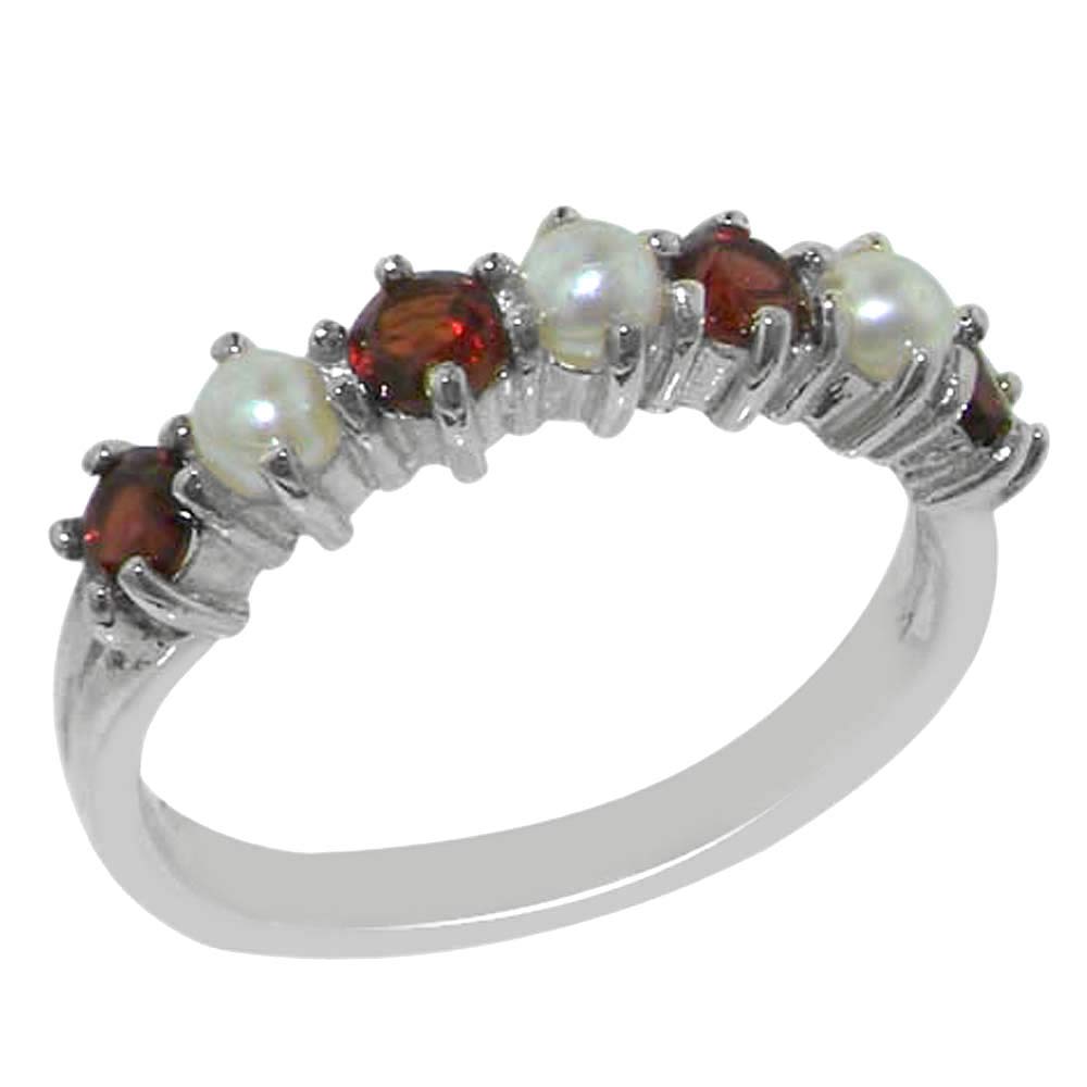 925 Sterling Silver Cultured Pearl & Garnet Women's Eternity Ring - Elegant Stackable Wedding Band for Anniversary, Engagement, or Gift Giving
