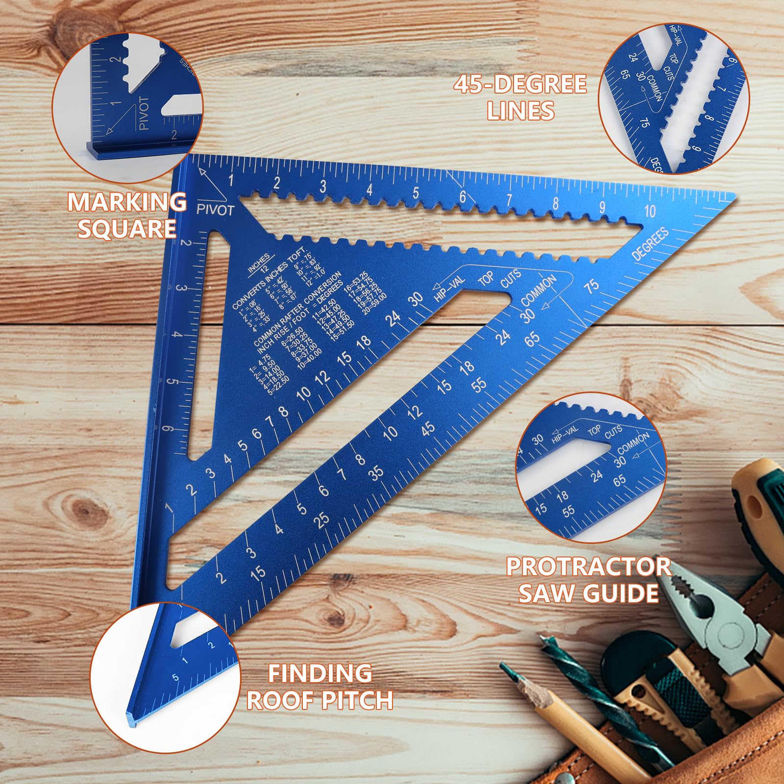 12-Inch Alloy Metal Carpenter Square - SAE & Metric Triangle Ruler with Protractor for Woodworking, Construction & DIY Projects | Blue Layout Tool for Precise Measuring & Angle Marking