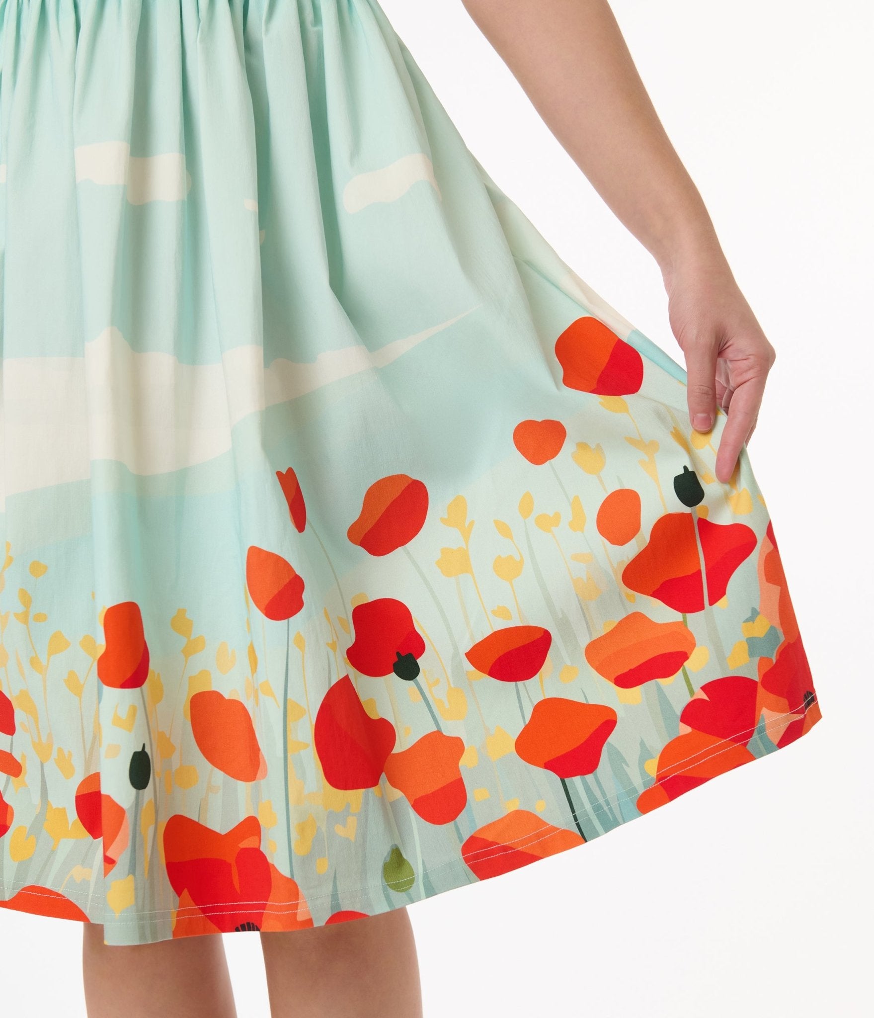 Vintage Blue Sky & Poppy Field Floral Print Sleeveless Swing Dress - Perfect for Summer Weddings, Garden Parties & Boho Fashion Outfits