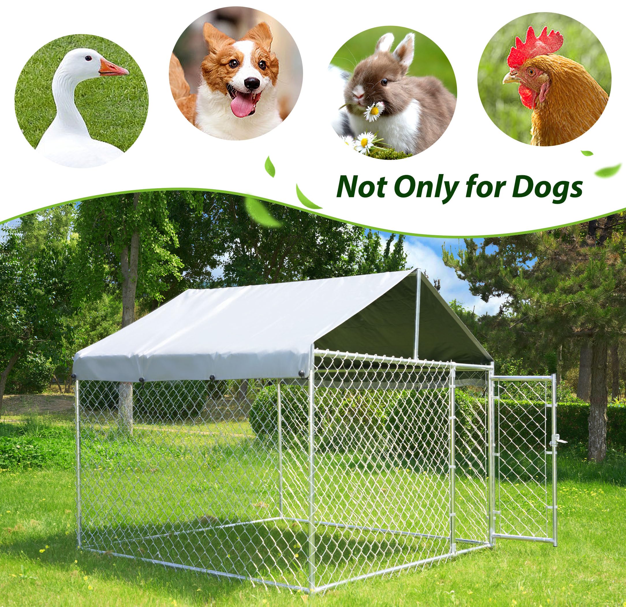 HITTITE Extra Large Outdoor Dog Kennel - Galvanized Steel Rust-Proof Dog Crate with Roof, Waterproof UV-Resistant Cover & Secure Lock - Durable Chain Link Dog Run for Backyard, Garden, or Patio Use