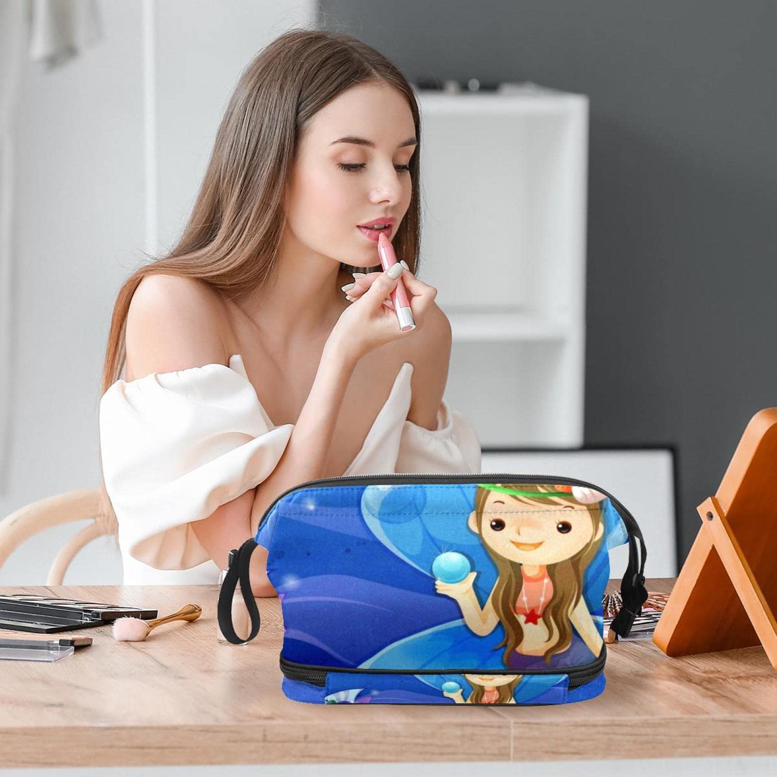 Waterproof Large Makeup Bag with Zipper - Travel Cosmetic Organizer for Women & Girls, Mermaid Cartoon Sea Animal Scallop Design - Perfect for Travel, Gym & Daily Beauty Storage