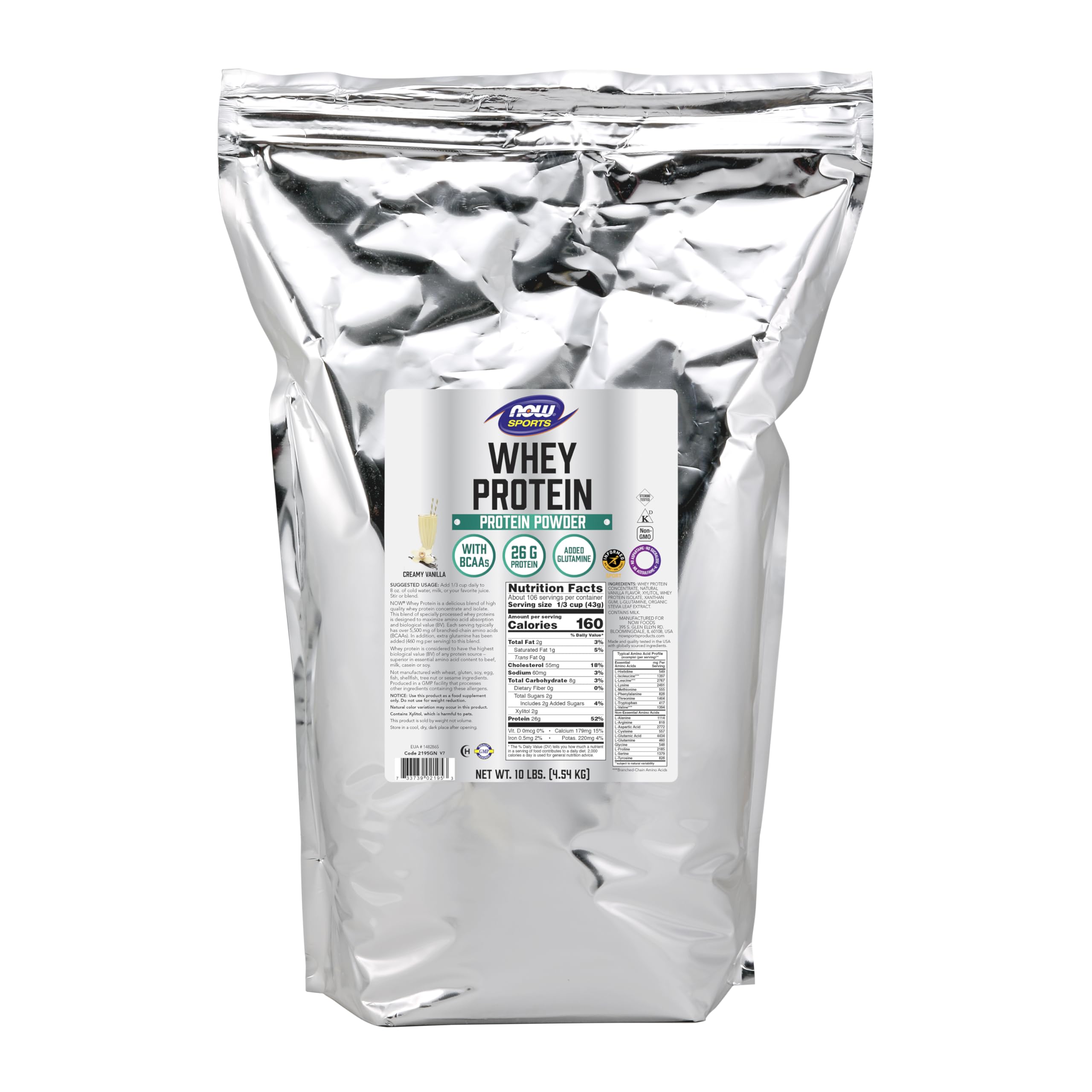 NOW Sports Nutrition Whey Protein Powder with BCAAs - 26g Protein, Creamy Vanilla Flavor, 10 lb Bulk Size - Perfect for Post-Workout Recovery & Muscle Building