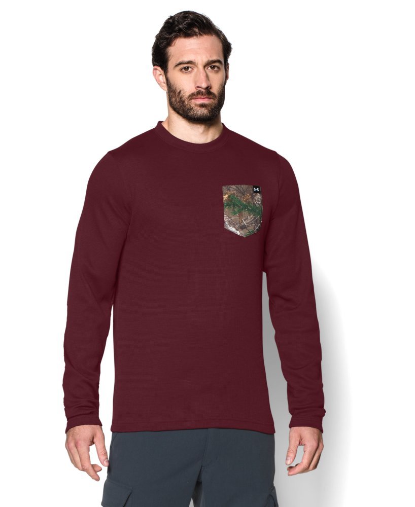 Under Armour Borderland Waffle Men's Long Sleeve Shirt - Deep Red/Realtree AP Xtra XL Size - Moisture Wicking Athletic Top for Hiking, Running & Outdoor Activities