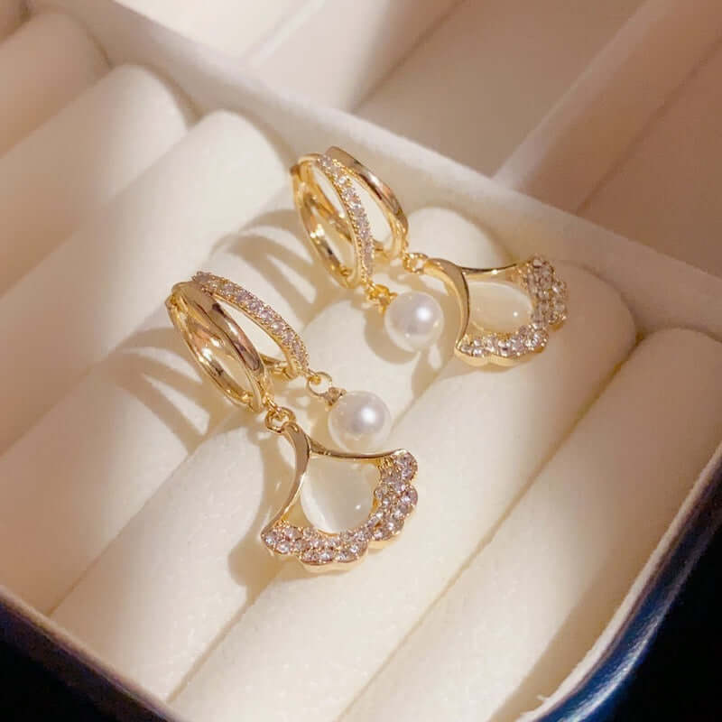14K Gold Plated Ginkgo Leaf Huggie Earrings with Dangle Pearl Drop | Elegant Pearl Earrings for Women | Perfect for Weddings, Parties & Everyday Wear | A8078