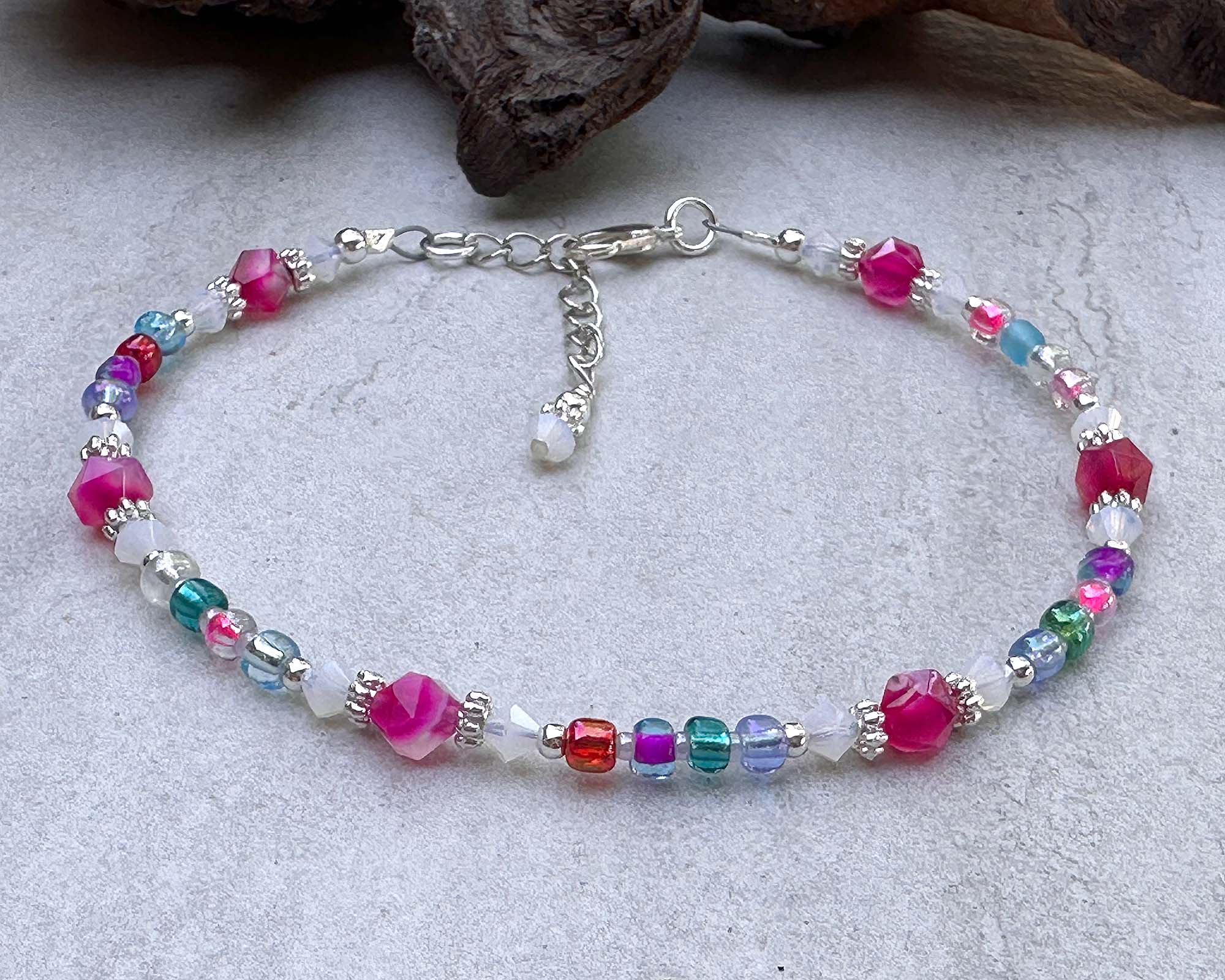 9 Hot Pink Agate Gemstone Beaded Anklet for Women - Elegant Handmade Adjustable Ankle Bracelet - Perfect for Beach, Summer, Boho Fashion & Gift Giving