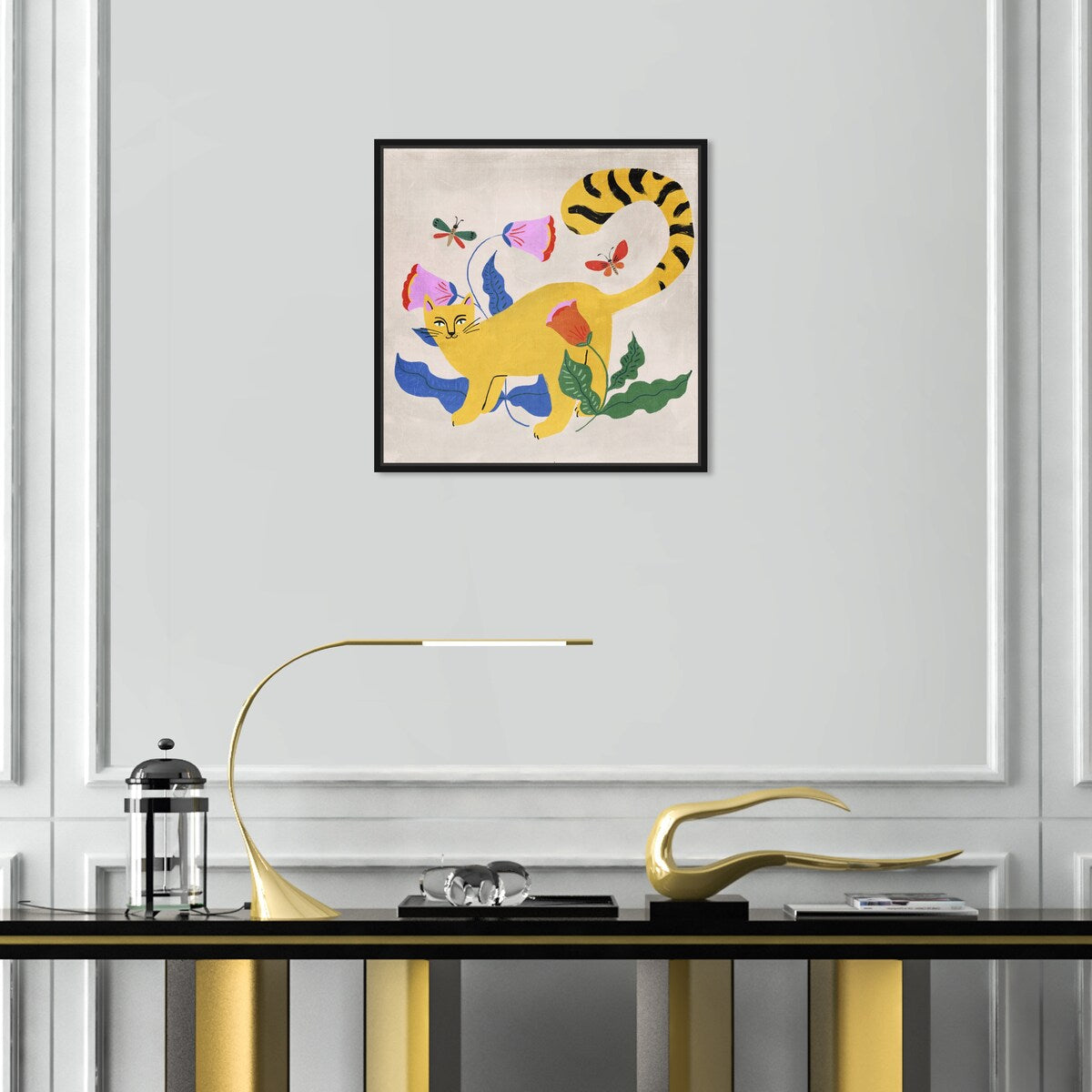 Blonde Tabby Floral Kitten Butterfly Garden Modern Yellow Framed Canvas Wall Art Print - Perfect for Bedroom, Living Room & Nursery Decor