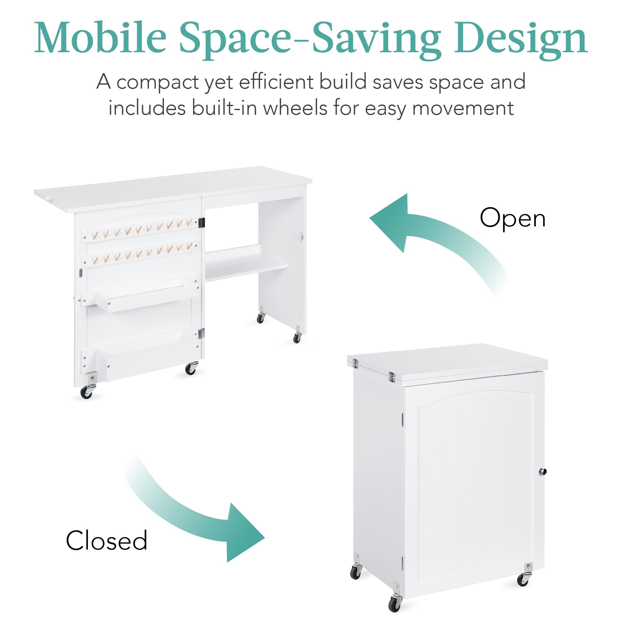 Best Choice Products Folding Sewing Table - Multipurpose Craft Station & Side Desk with Wheels, Shelves, Storage Trays - Compact Design for Small Spaces - Perfect for Sewing, Quilting, Scrapbooking & DIY Projects - White