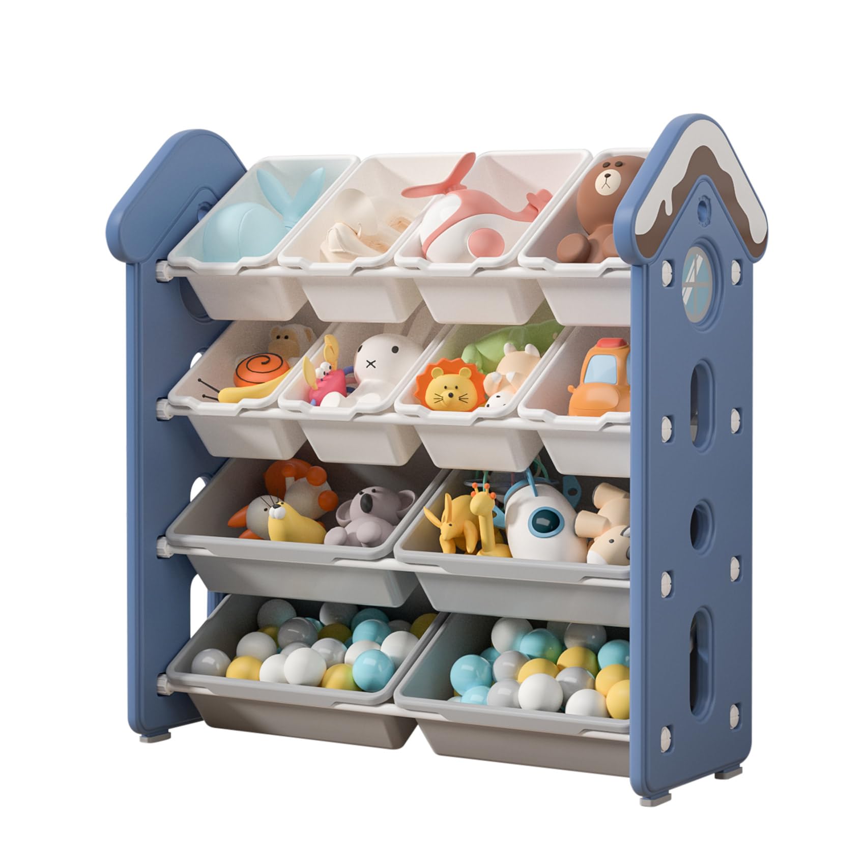 UNICOO® 4-Tier Kids Toy Storage Cabinet with 12 Bins - Montessori Style Organizer Shelf for Nursery, Playroom & Study Room - Blue | Perfect for Organizing Toys, Books & Crafts in Children's Bedroom or Classroom