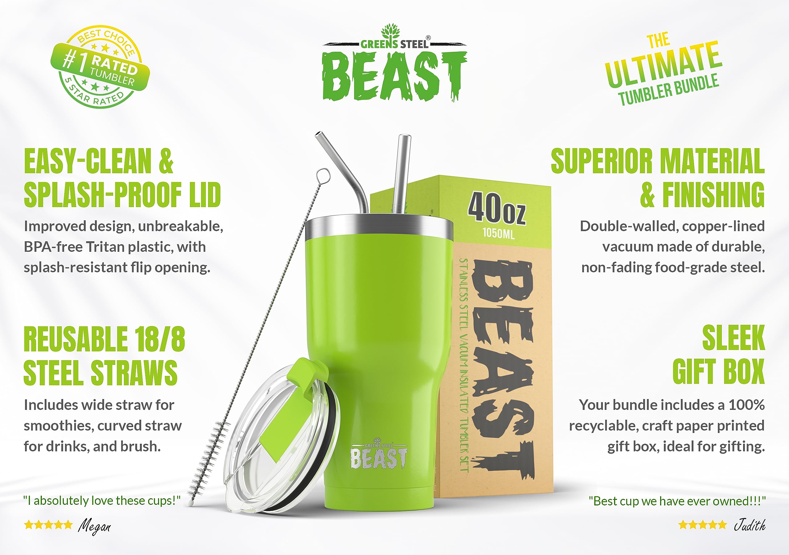 Beast 40 oz Stainless Steel Tumbler - Vacuum Insulated Double Wall Travel Mug for Coffee & Iced Drinks (Lemongrass Green) - Perfect for Camping, Office & Gym Hydration