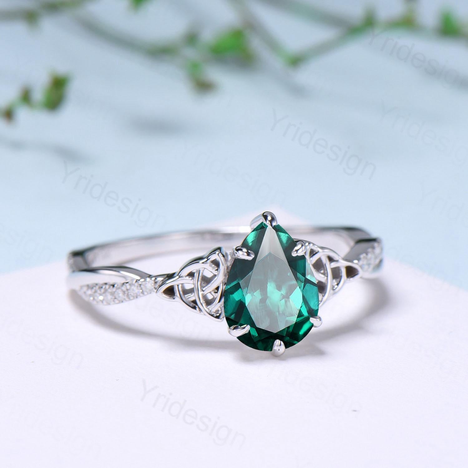 Celtic Knot Pear Shaped Emerald Engagement Ring for Women | Unique Norse Viking Infinity Moissanite Wedding Band | Split Shank Anniversary Gift | Perfect for Celtic Weddings, Viking Theme Proposals & Romantic Occasions