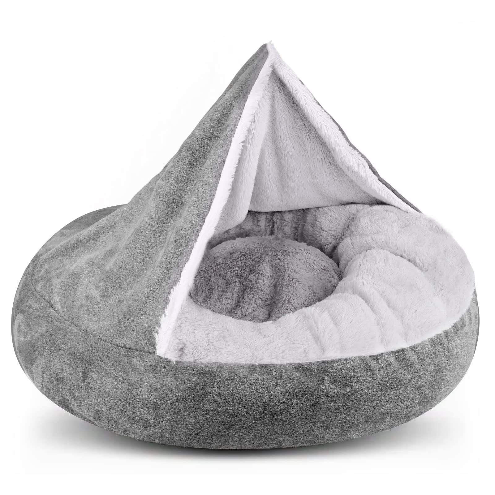 MICOOYO Large Donut Dog Bed with Hooded Blanket - 30 Inch Round Washable Pet Bed for Dogs & Cats, Calming Cuddler Bed for Puppies & Large Dogs - Perfect for Home, Crate & Travel Use (Grey)