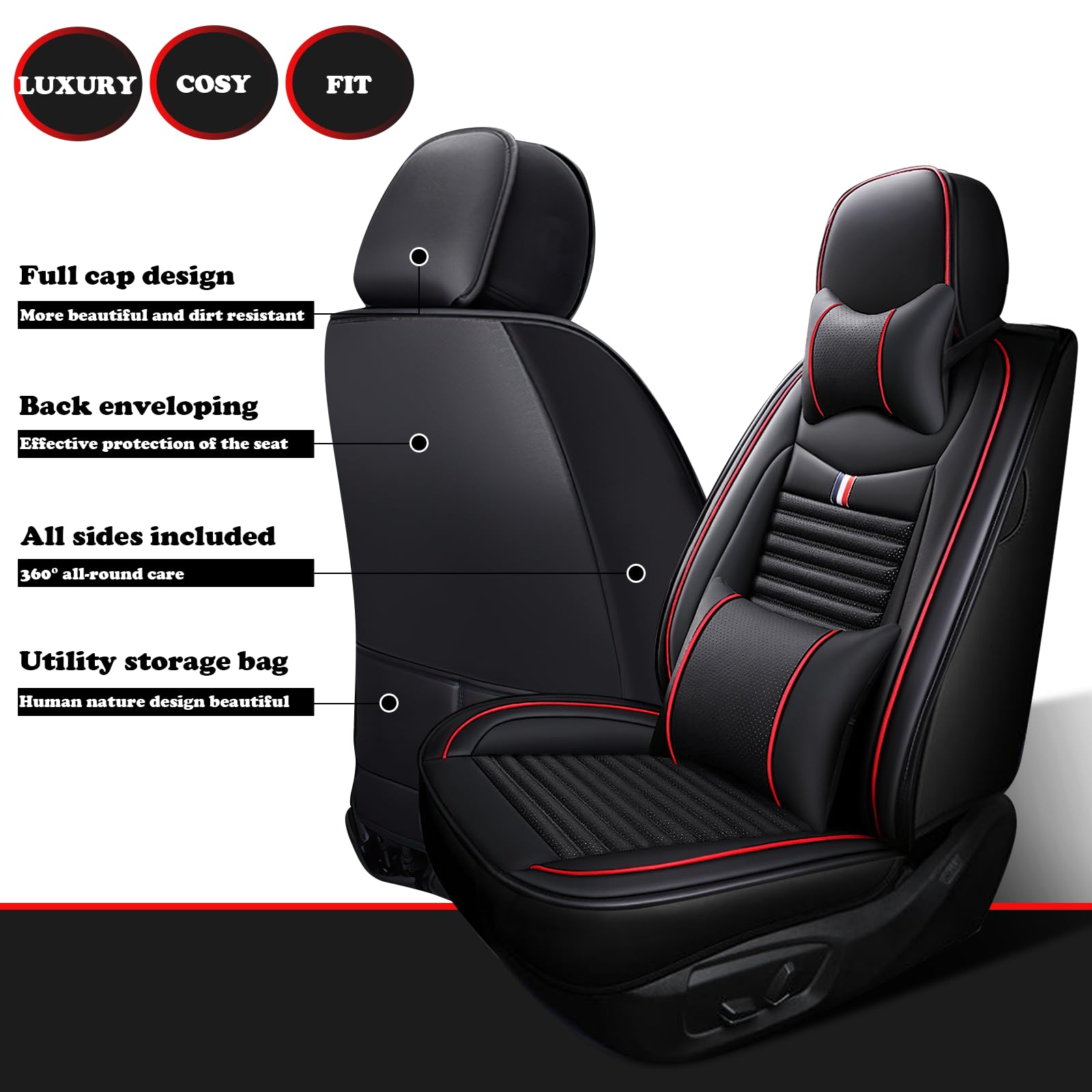 Premium Leather Car Seat Covers for Toyota Camry Hybrid 2007-2024 - Universal Anti-Slip Design Fits Most Cars, Sedans, SUVs & Trucks (Black Red Bars) - Perfect for Daily Commute, Road Trips & Long Drives