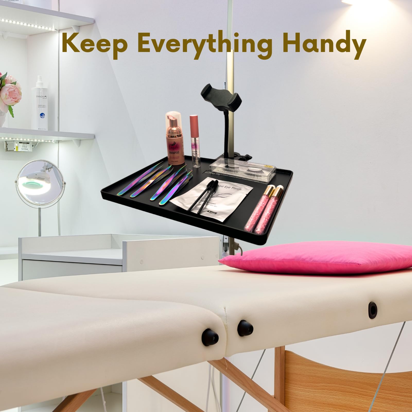 Professional Lash Tray Holder with Ring Light Clip & Phone Mount - Perfect Organizer for Eyelash Extension Tech Supplies - Ideal for Salon, Home Studio & Mobile Lash Artists