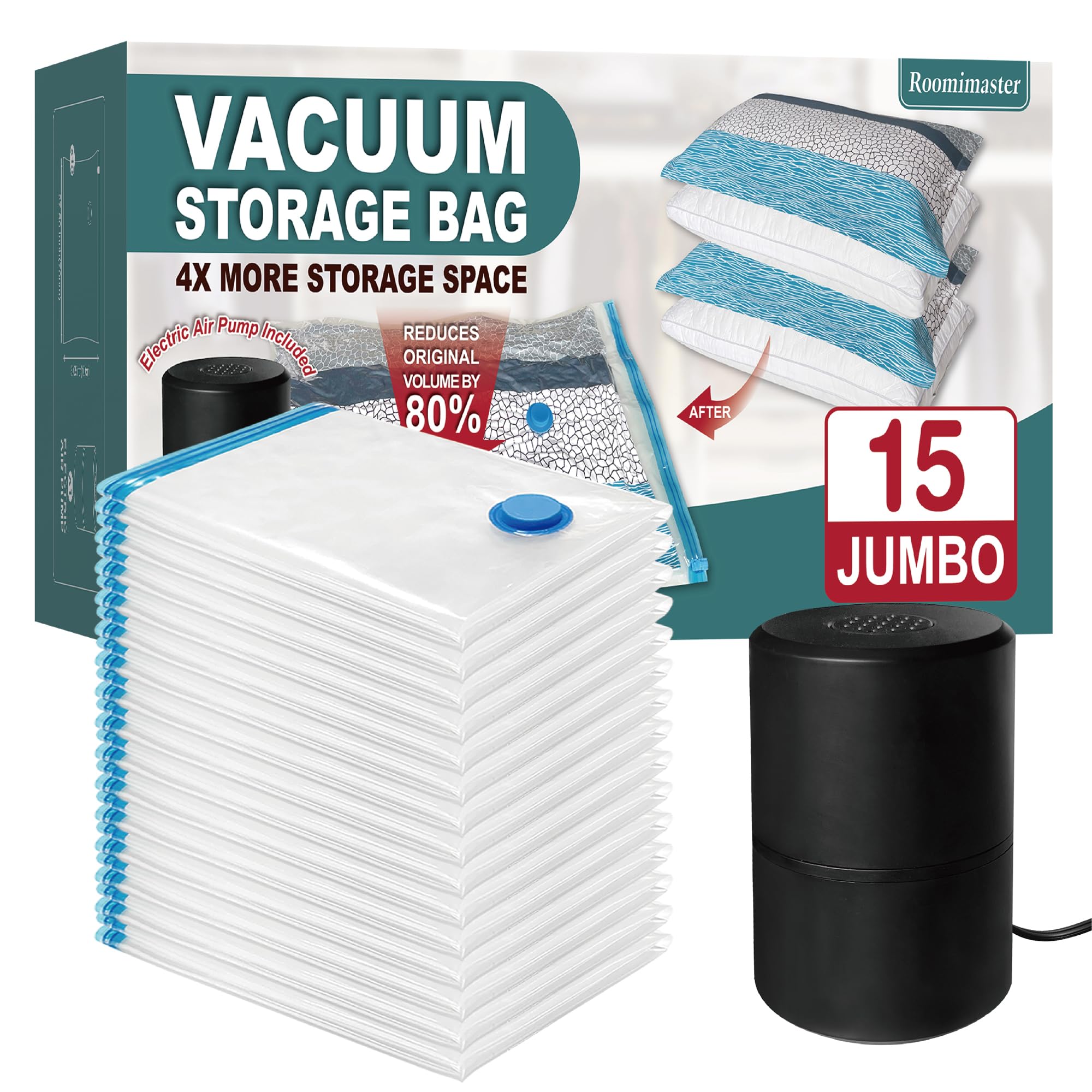 15 Jumbo Vacuum Storage Bags with Electric Pump - Space Saver Bags for Clothes, Comforters, Blankets & Bedding | Perfect for Travel, Seasonal Storage & Home Organization