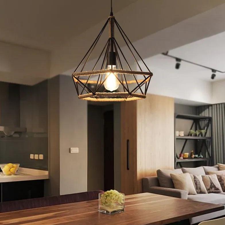 Vintage Diamond Metal Frame Industrial Pendant Light - Rustic Ceiling Lighting Fixture for Kitchen Island, Dining Room & Bar Decor