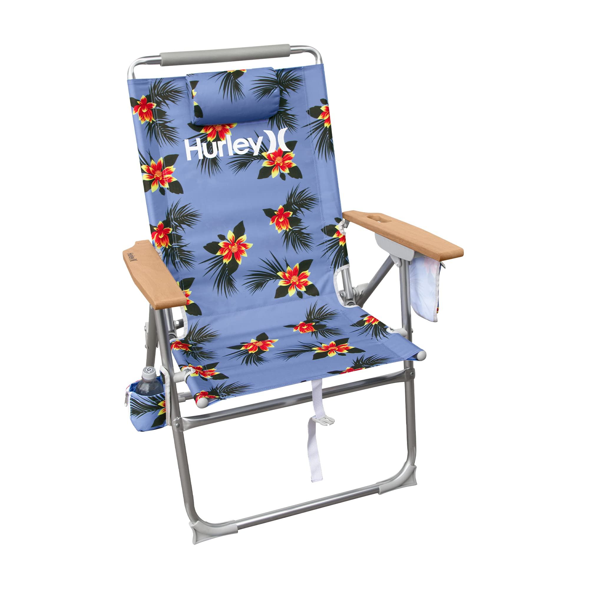 Hurley Hi-Boy Wood Arm Beach Chair - Portable Folding Lounge Chair for Outdoor, Camping, Picnics & Backyard - Comfortable Moana Sky Blue Design - Perfect for Beach, Poolside & Patio Relaxation