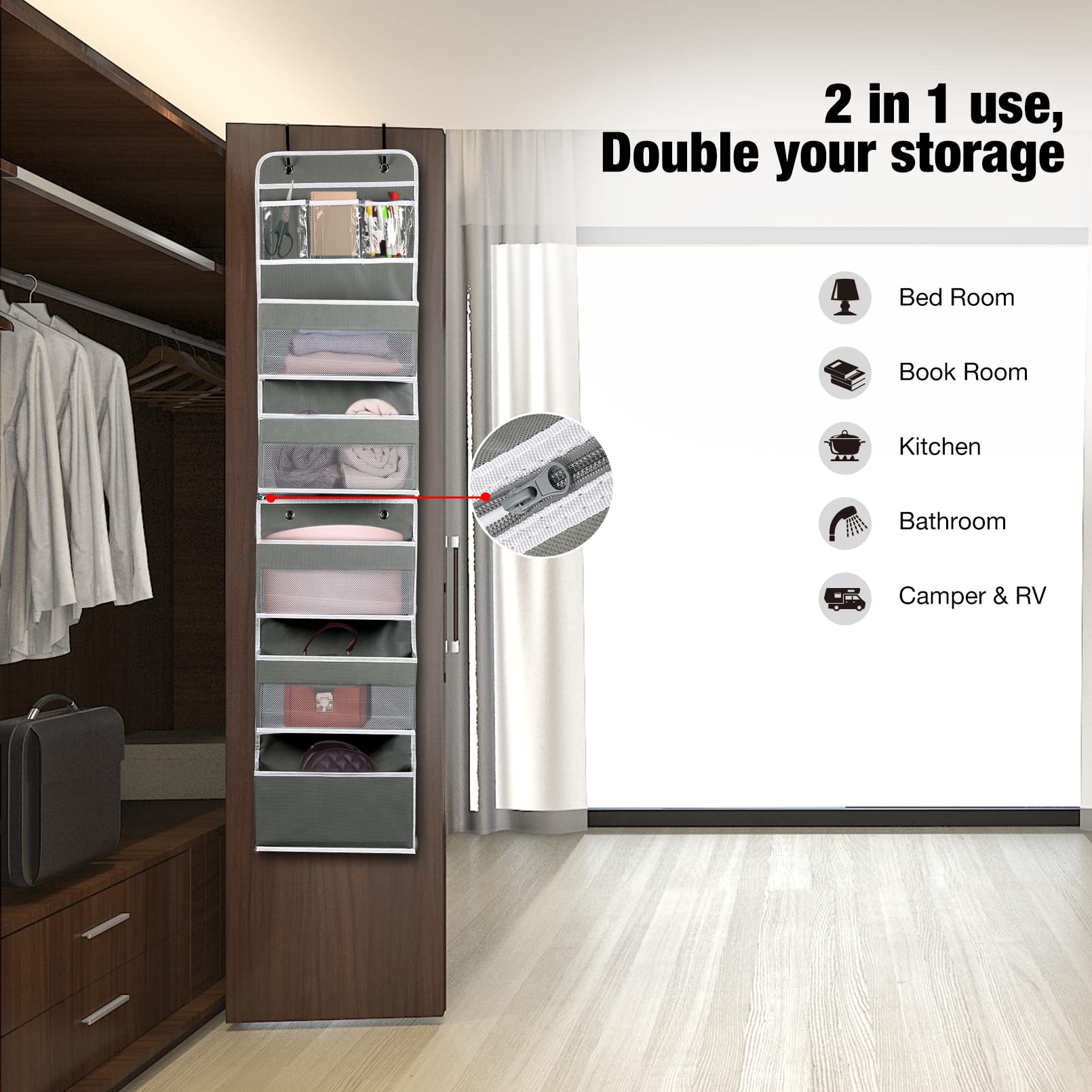 Over Door Organizer with 6 Shelves - Hanging Closet & Bathroom Storage for Bedroom, Kitchen, Toys, Shoes & Stuffed Animals - Space Saving Grey Organizer for Home & Office Use