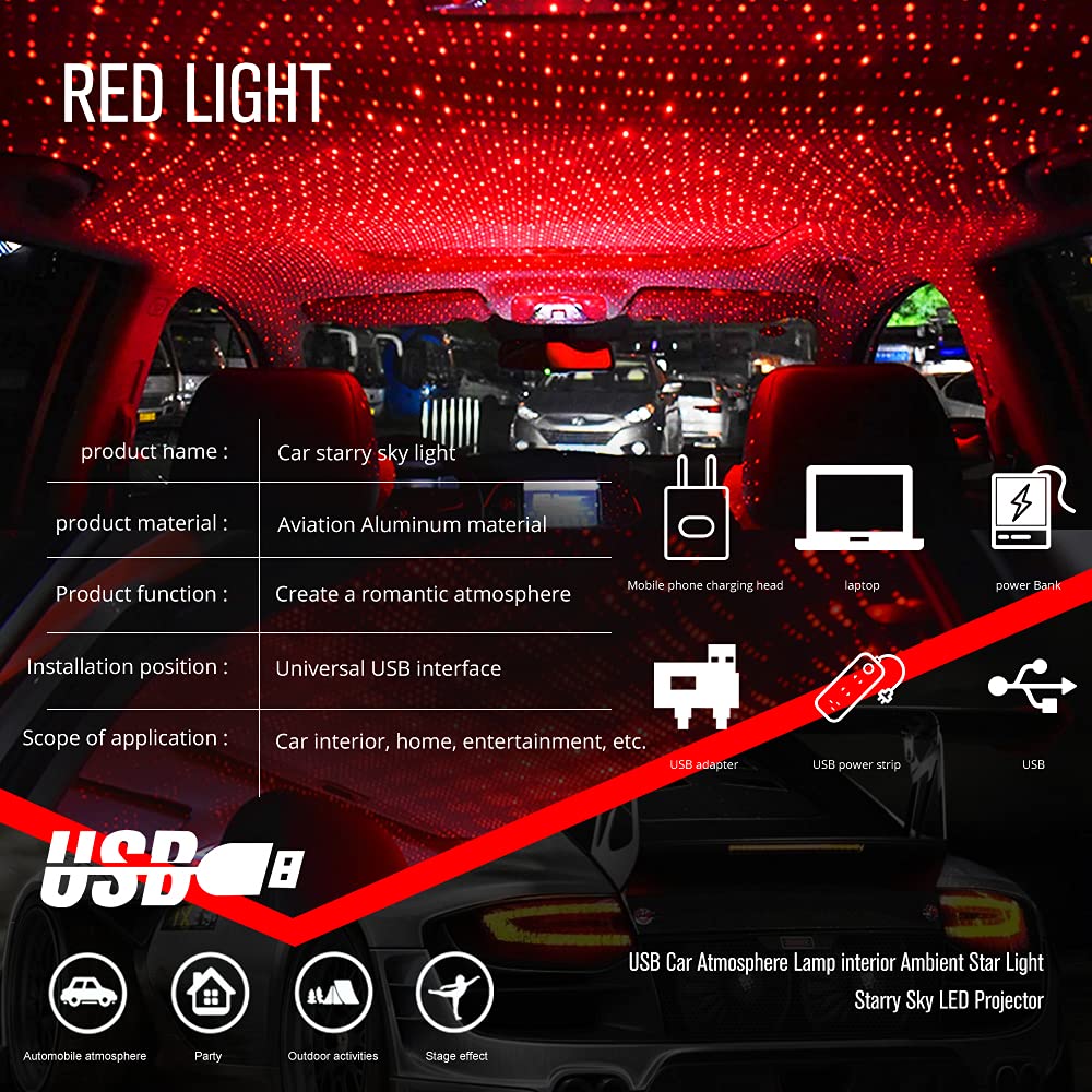 USB Star Projector Night Light - Adjustable Romantic LED Mood Lighting for Bedroom, Car, Ceiling & Party Decor - Plug & Play USB-Powered (1 Pack, Red) - Perfect for Relaxation, Date Nights & Home Ambiance