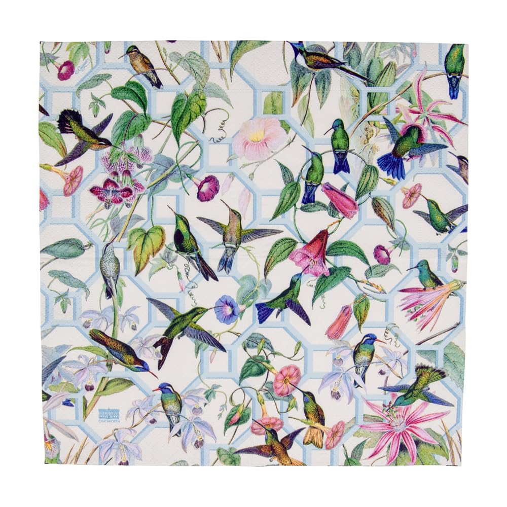 Caspari Hummingbird Trellis Paper Cocktail Napkins - 40 Count, Floral Bird Design, Disposable Party Napkins for Weddings, Bridal Showers & Garden Events