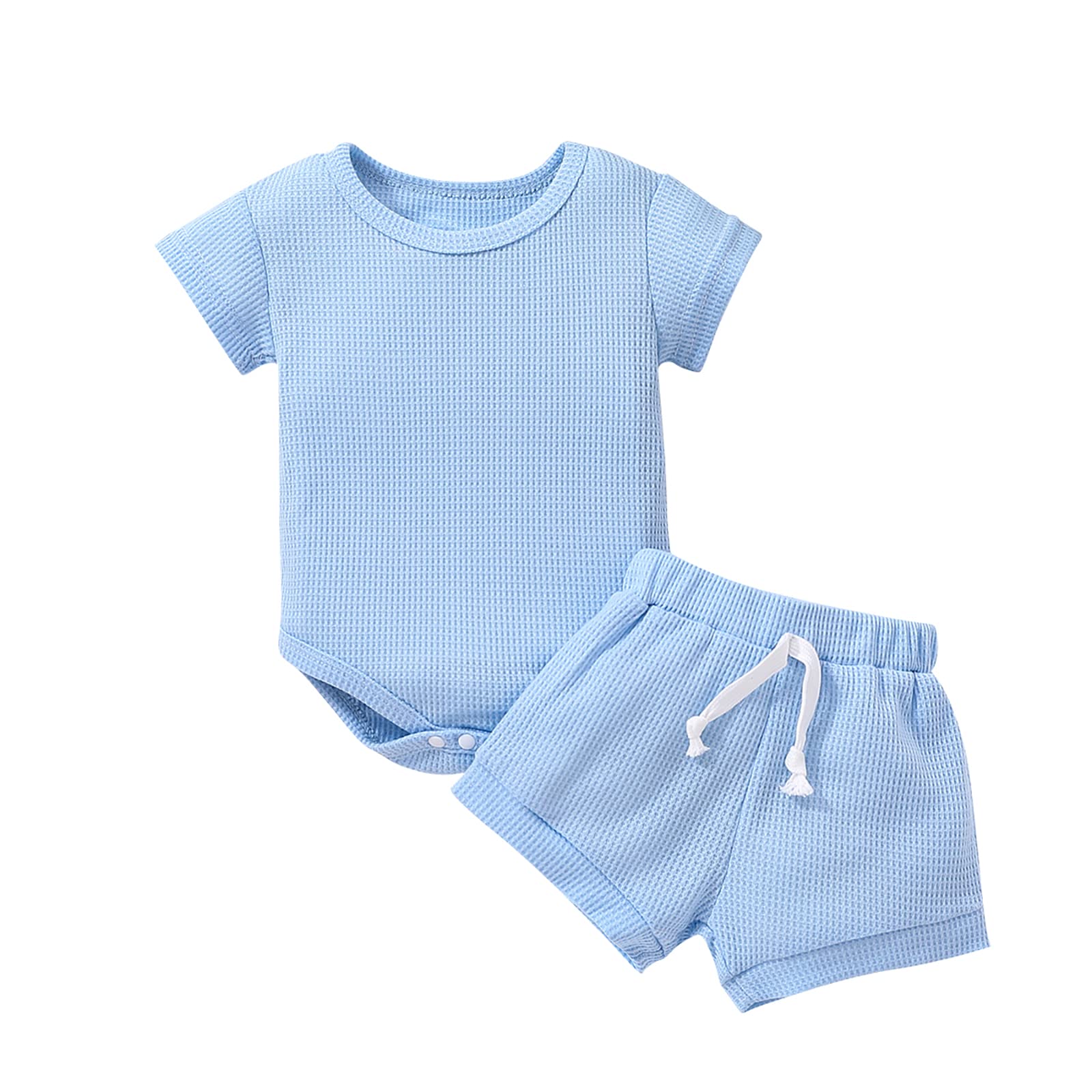 Unisex Baby 2-Piece Shorts Outfit Set - Soft Waffle Knit Romper & Elastic Waist Shorts - Solid Color Round Neck Jumpsuit - Perfect for Playtime, Daycare & Summer Outings