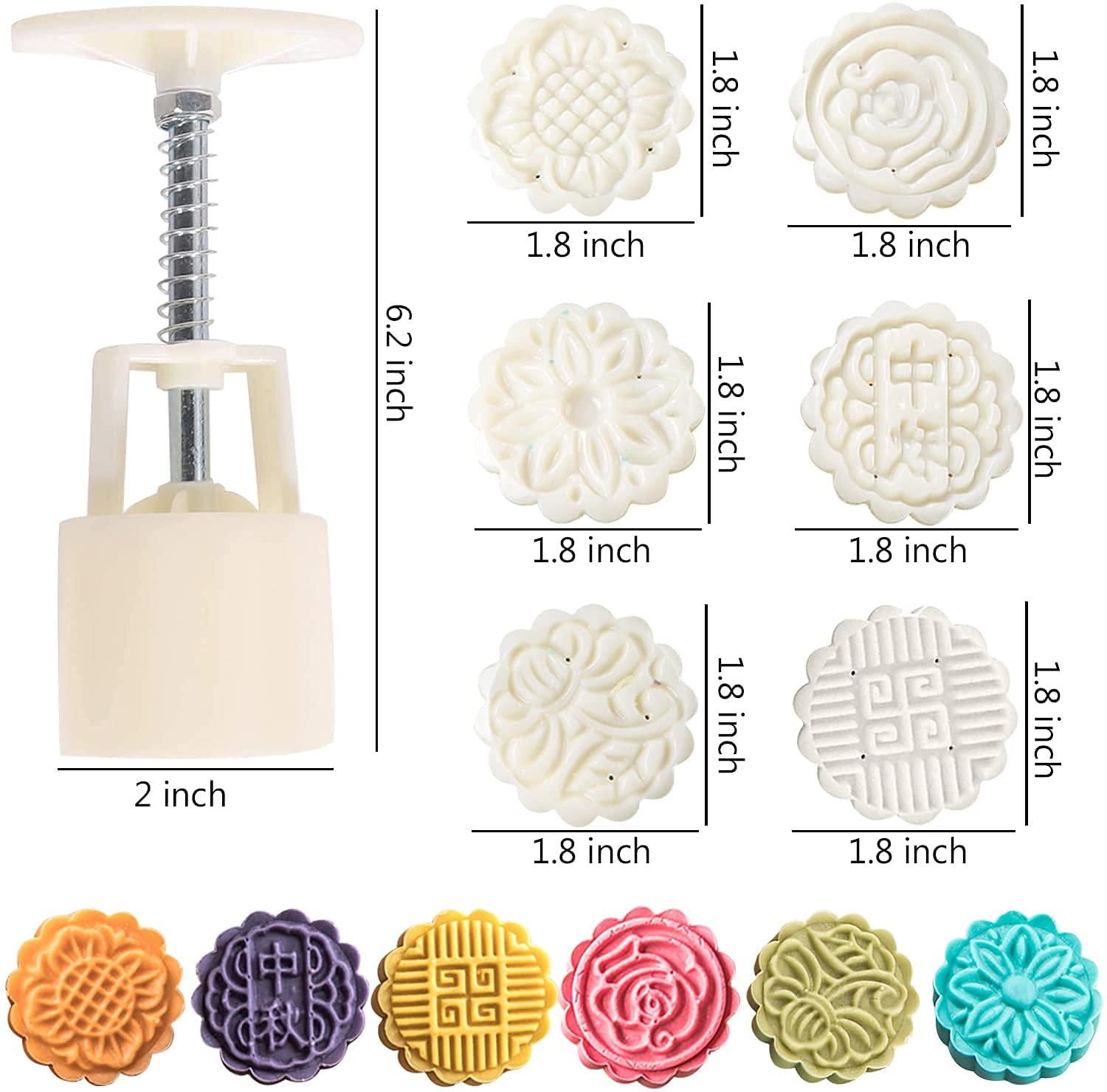 Premium Mooncake Press Molds Set - 1.76 oz Flower Mooncake Maker with 6 Stamps, Cookie & Pastry Tool for Mid-Autumn Festival Baking (White) - Perfect for Homemade Mooncakes, Festival Gifts & Asian Dessert Making