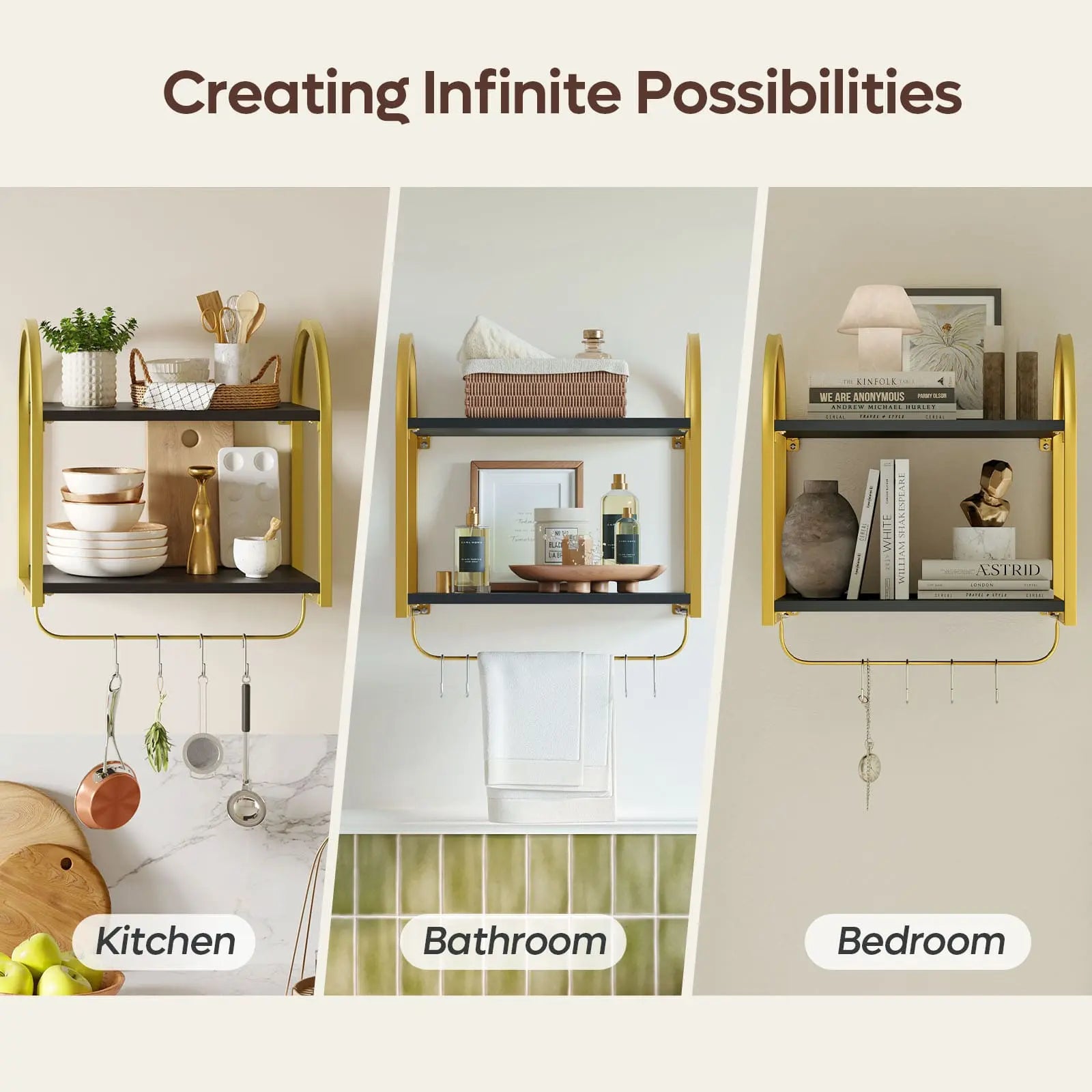 Bestier 2 Tier Floating Shelves with Towel Bar & Hooks - Rustic Wood Wall Shelves for Bathroom, Kitchen & Bedroom Organization - Perfect for Towels, Decor & Storage