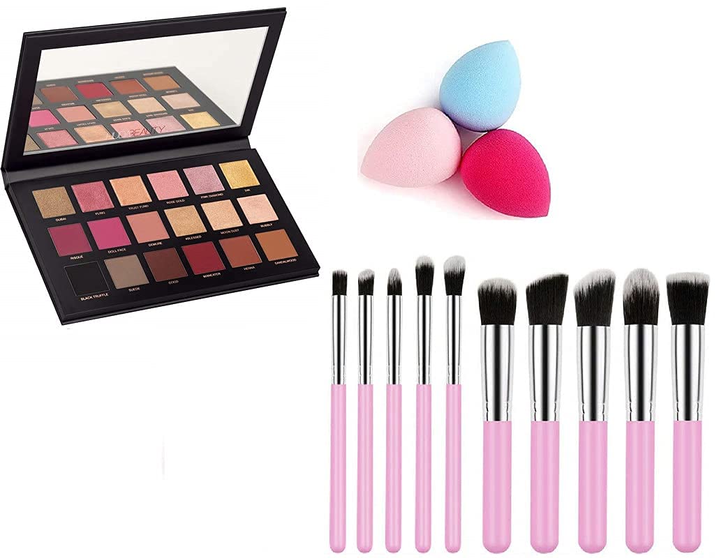 FOZZBY 18-Color Rose Gold Eyeshadow Palette with 10-Piece Makeup Brush Set & 2 Beauty Blenders - Professional Makeup Kit for Party, Wedding & Everyday Glam