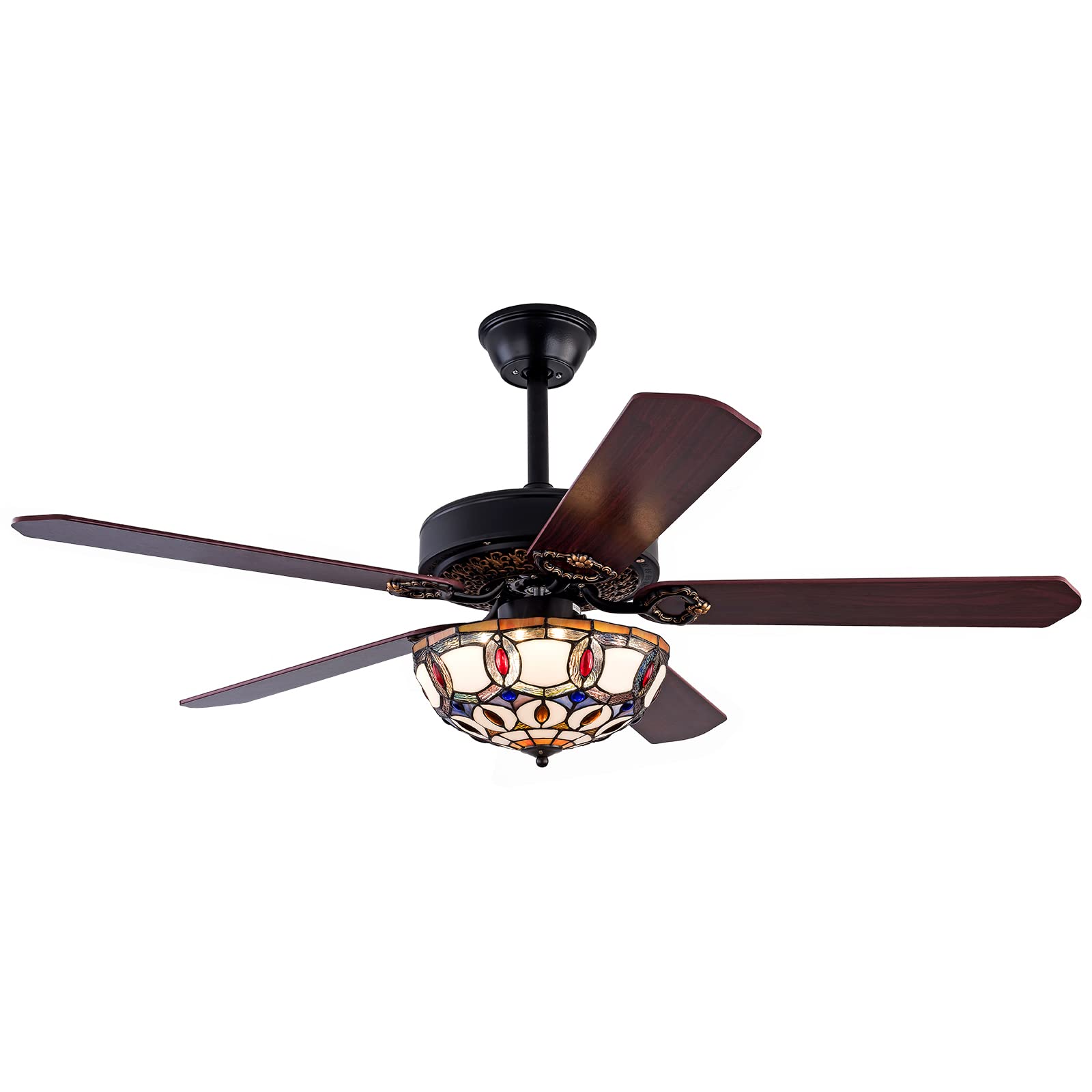 52 Inch Tiffany Style Ceiling Fan with Remote Control - Mediterranean Stained Glass Vintage LED Light Fixture - 3 Speed Settings & 3 LED Lighting Modes - 8 Hour Timer - Reversible Wooden Blades - Ultra Quiet Motor - Perfect for Living Room, Bedroom, and Dining Room Décor