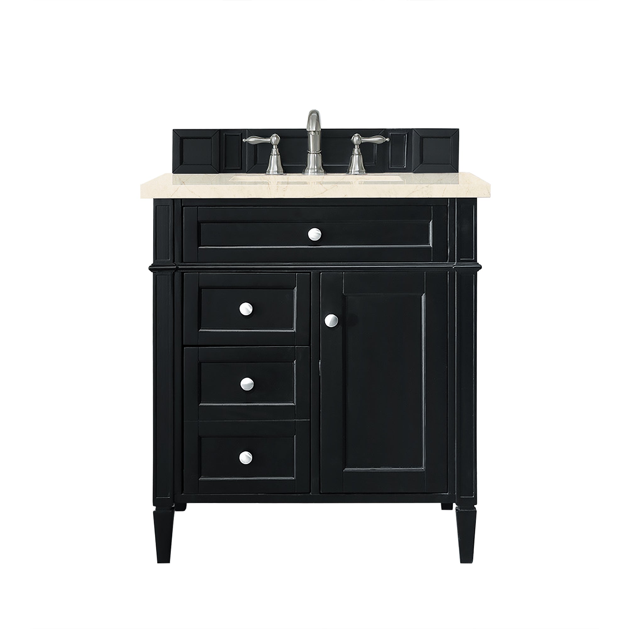 Brittany 30-Inch Single Bathroom Vanity in Black Onyx with 3CM Eternal Marfil Quartz Countertop - Perfect for Modern Master Bathrooms and Powder Rooms