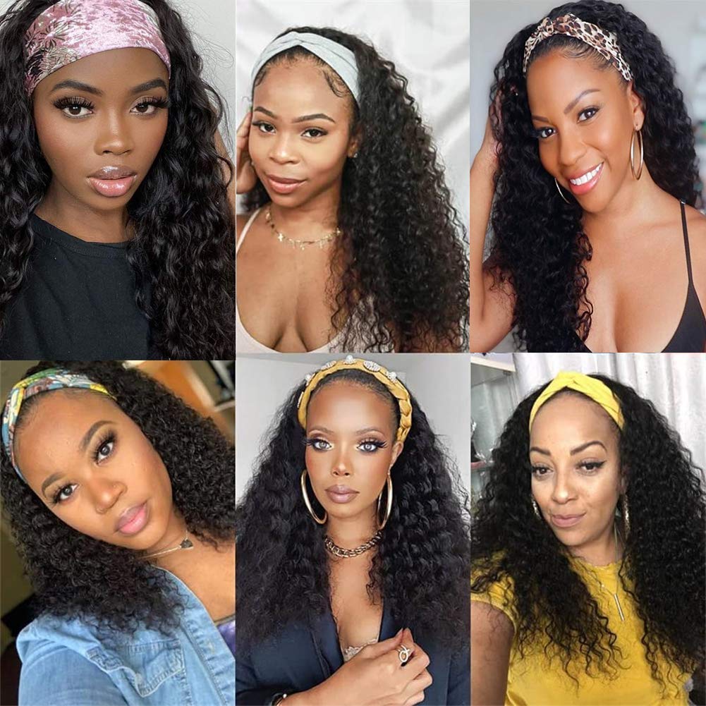 180% Density Brazilian Virgin Human Hair Deep Wave Headband Wig for Black Women - Glueless Machine Made None Lace Front Wig with Deep Curly Headband (28 Inch) | Perfect for Daily Wear, Parties & Special Occasions