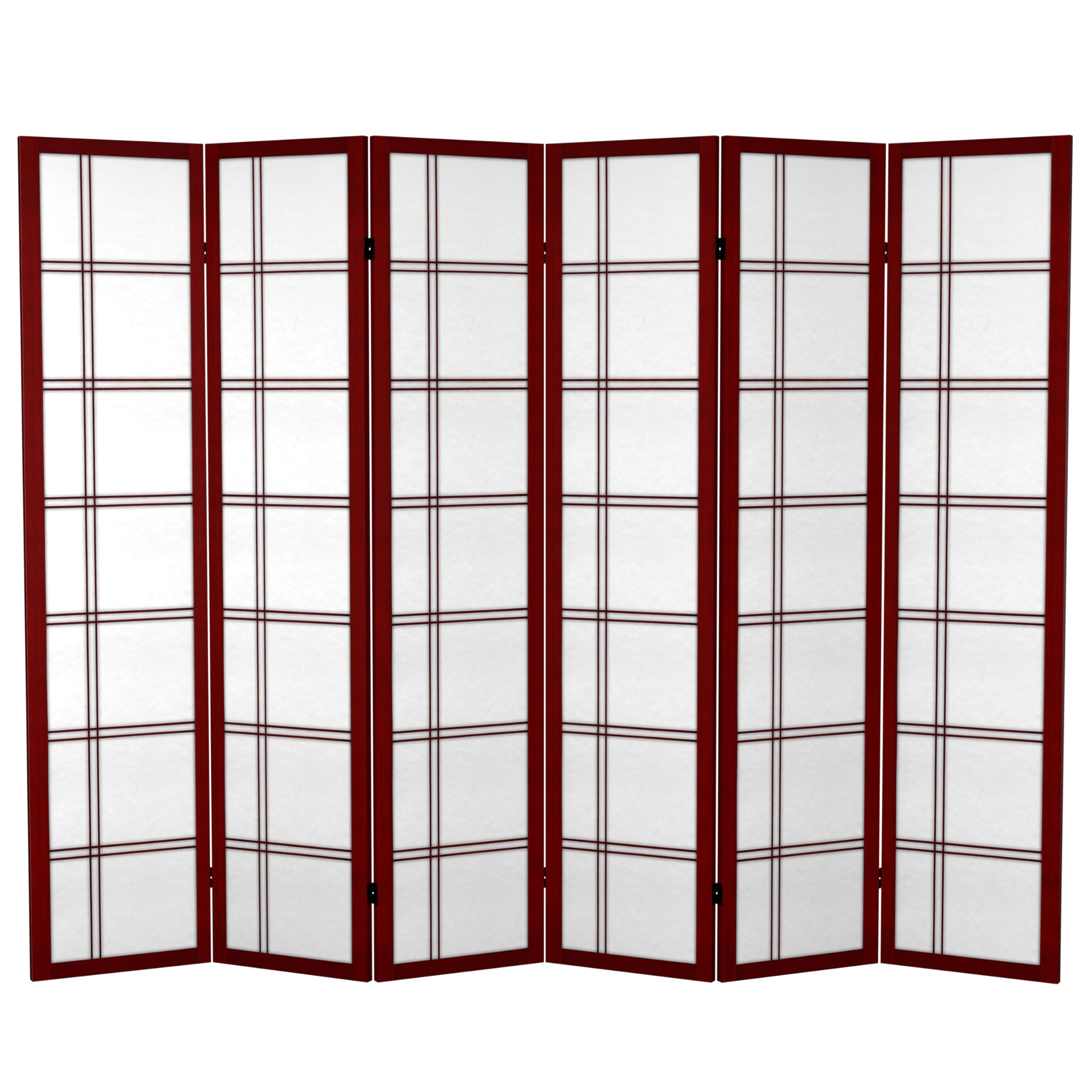 6 ft Tall Red Lantern Canvas Double Cross Rosewood Room Divider - 6 Panel Folding Screen for Home Decor, Office Partition & Event Backdrop