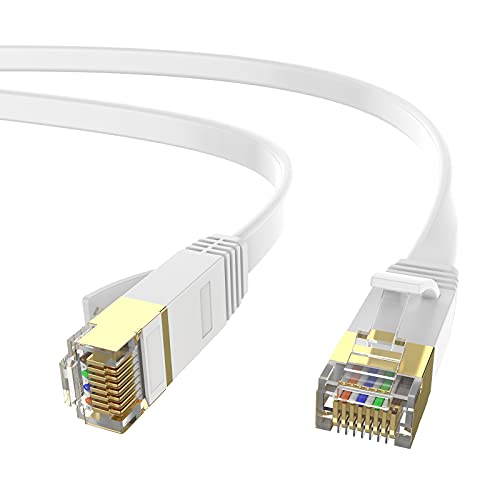 High-Speed Cat 7 Ethernet Cable 25ft - Flat Shielded LAN Network Cable with RJ45 Connectors for PC, Laptop, Modem, Router & Gaming - Perfect for Home Office, Online Gaming & 4K Streaming (White)