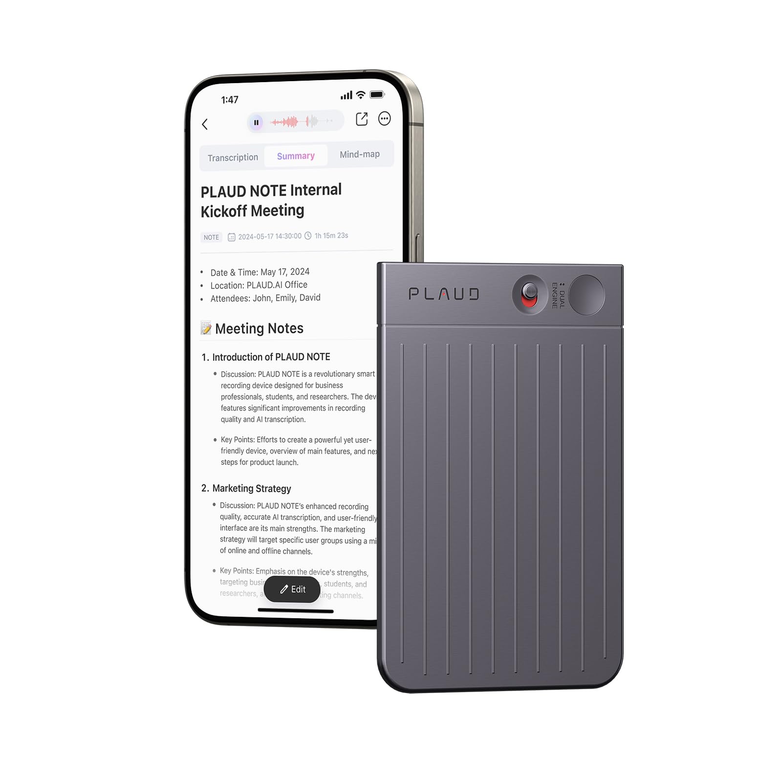 PLAUD Note AI Voice Recorder with ChatGPT - 64GB Smart Audio Recorder for Calls, Meetings & Interviews | App Control, 57 Language Transcription & Auto Summaries | Perfect for Business Professionals, Students & Journalists