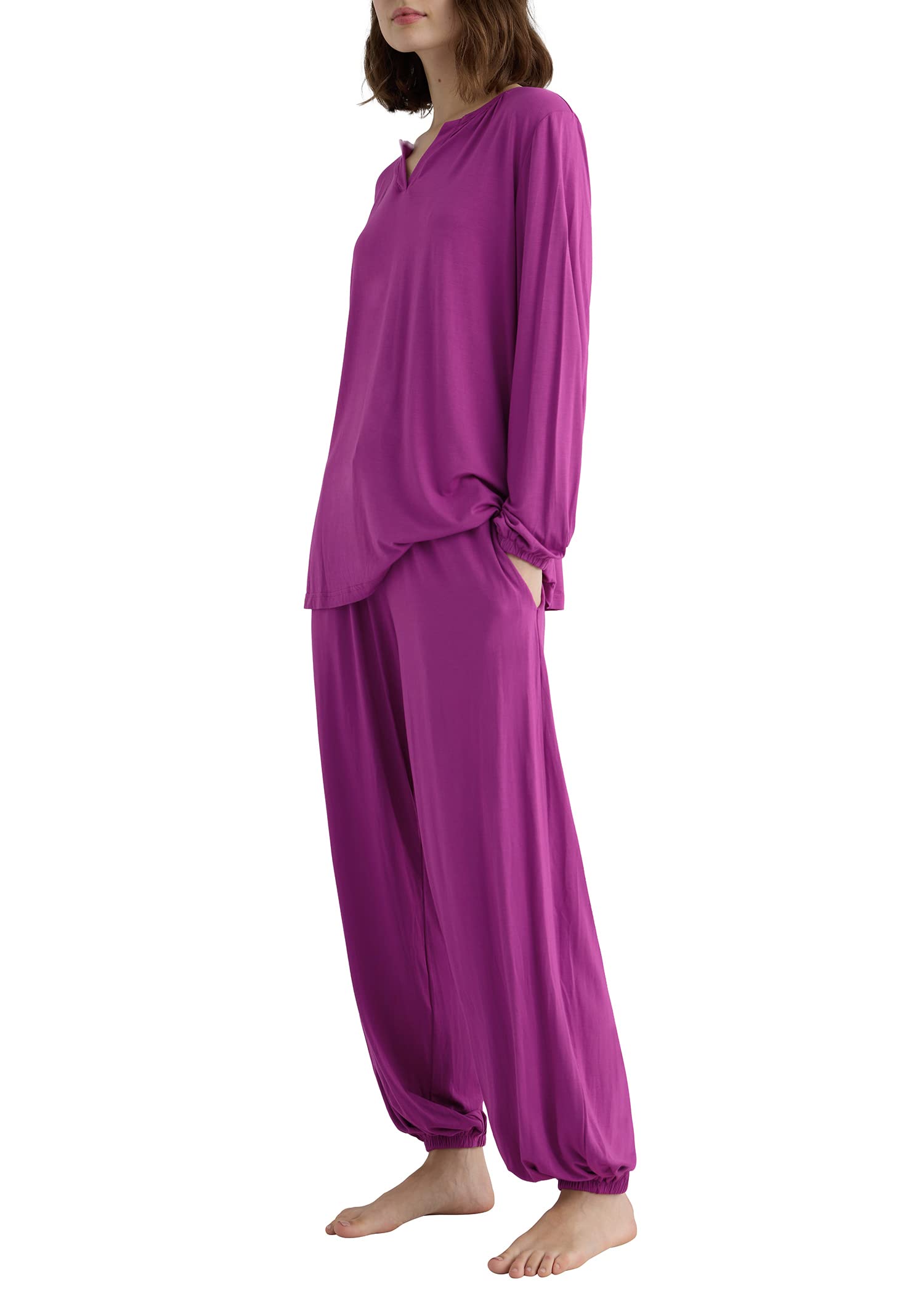 Comfortable Women's Viscose Palazzo Lounge Pants & Long Sleeve Pajama Set - Soft Sleepwear for Relaxing at Home, Lounging & Travel